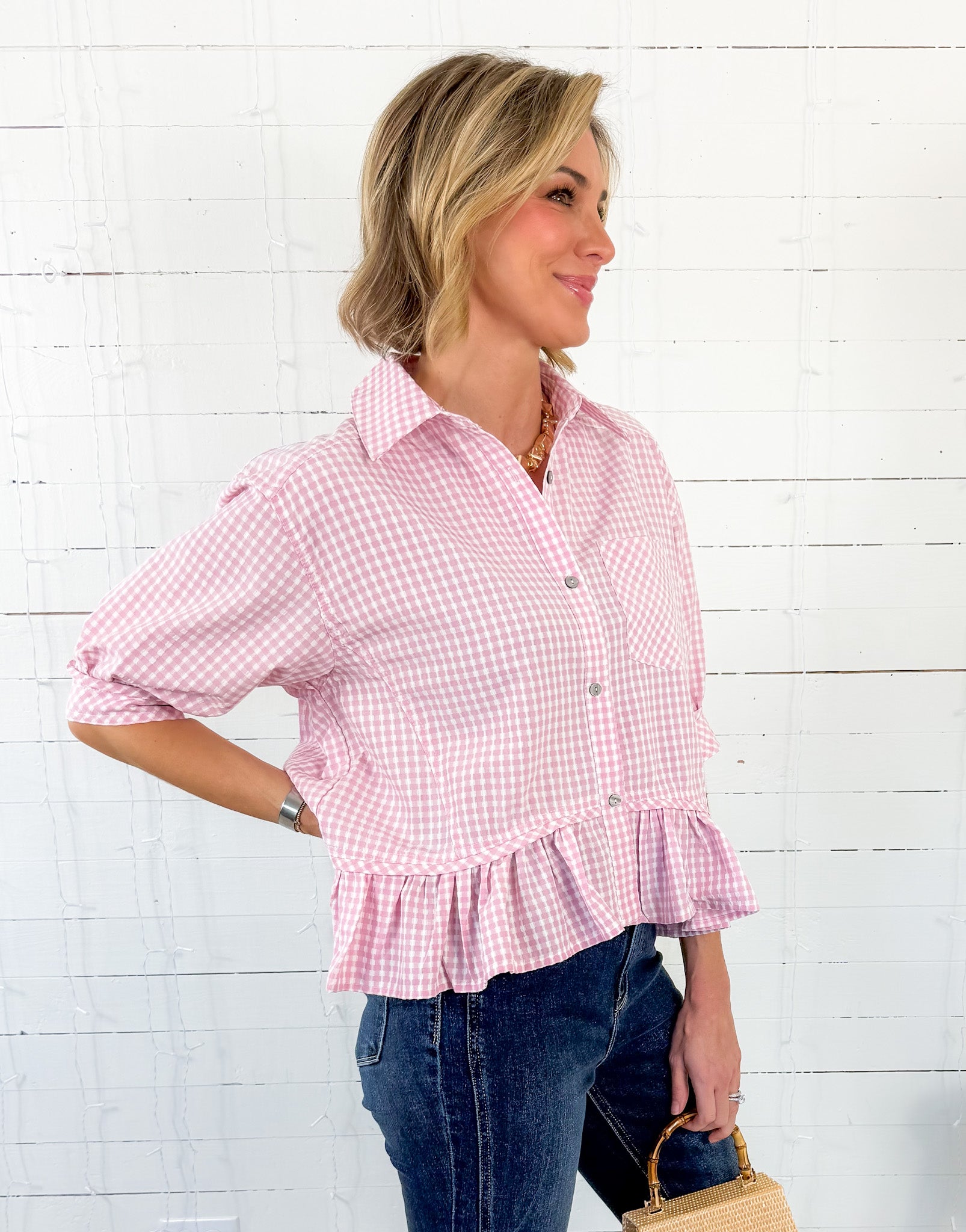 Lurleen Carnation Pink Gingham Flounce Top Entro