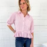 Lurleen Carnation Pink Gingham Flounce Top Entro