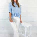 Lurleen Carolina Blue Gingham Flounce Top Entro 