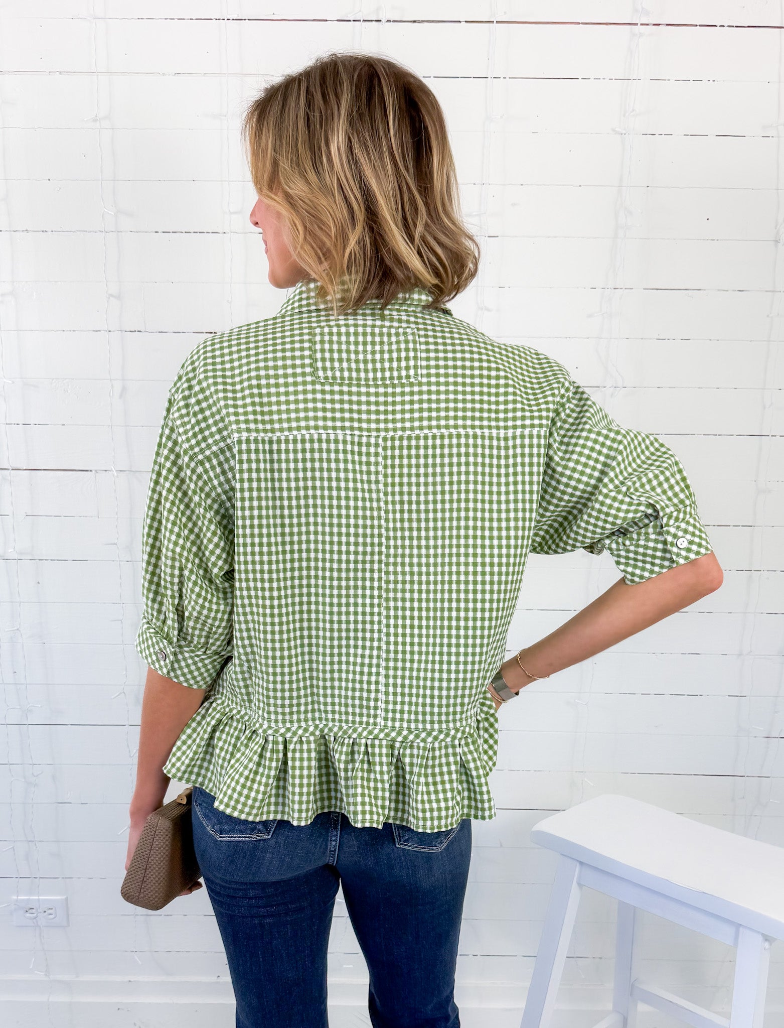 Lurleen Matcha Gingham Flounce Top Entro