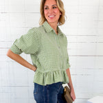 Lurleen Matcha Gingham Flounce Top Entro