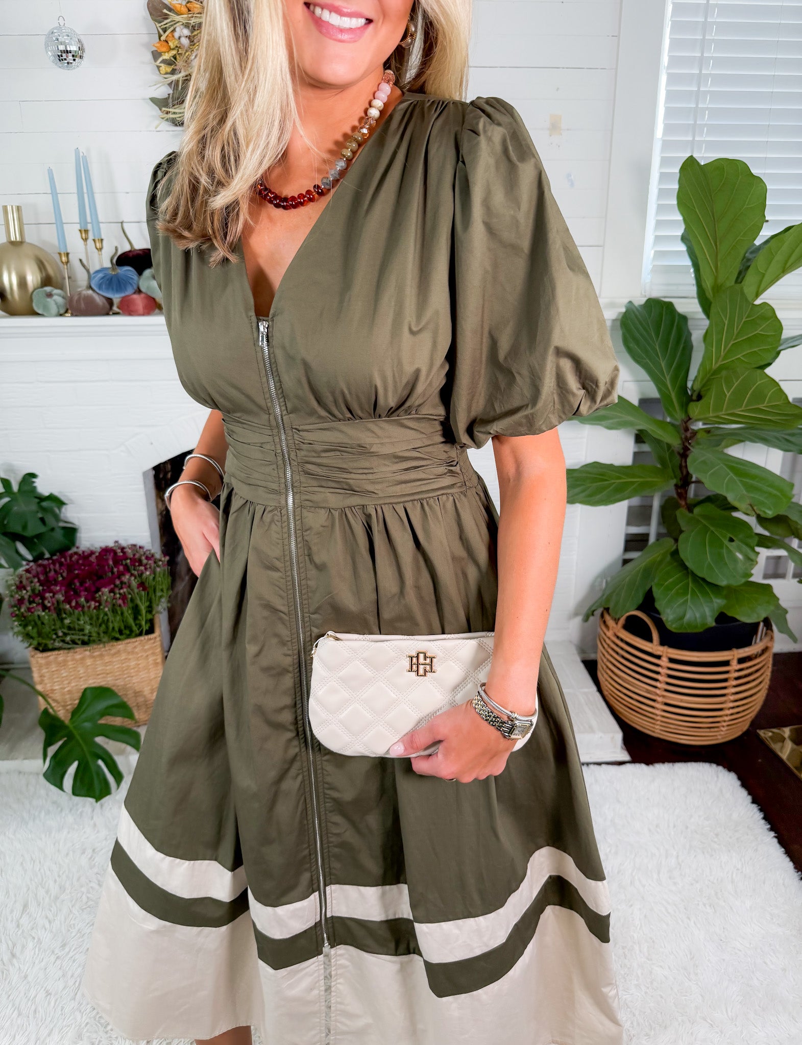 MIranda Olive Zip Front Maxi Dress 