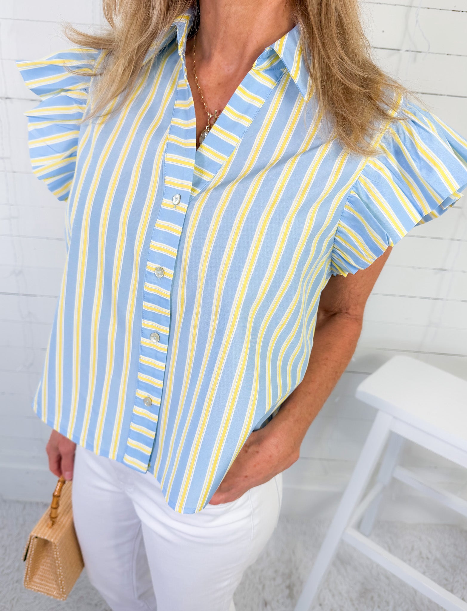 Madison Pastel Stripe Flutter Sleeve Top THML