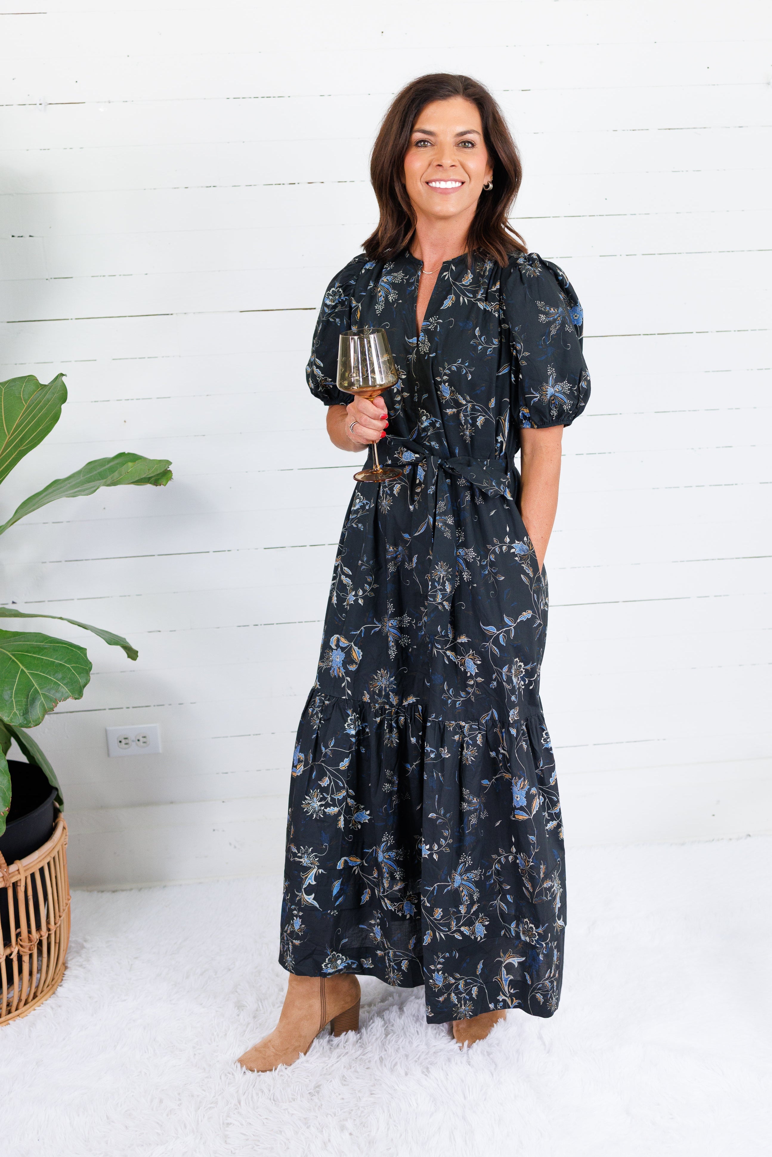 Mads Black Floral Tiered Midi Dress Pinch