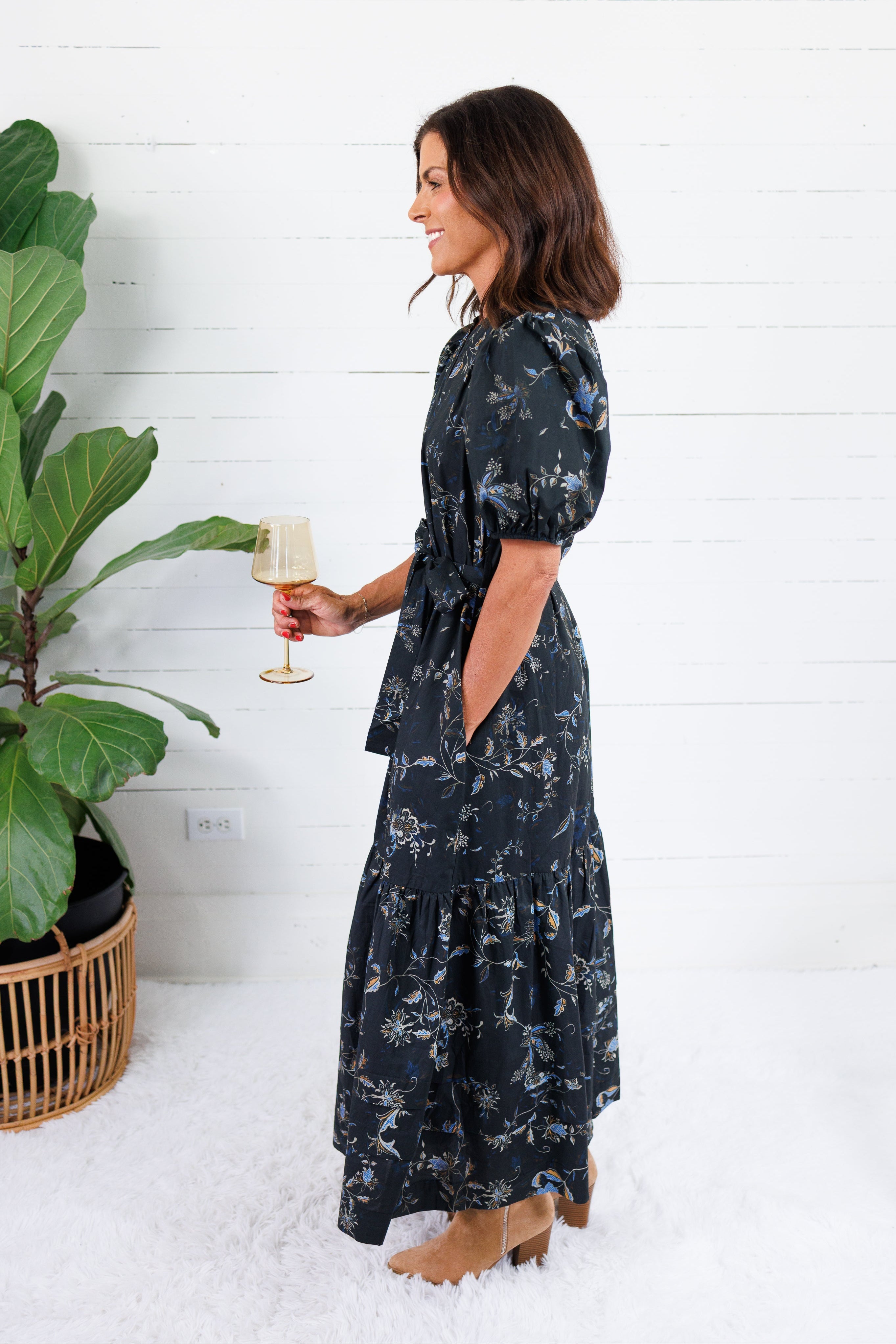 Mads Black Floral Tiered Midi Dress Pinch