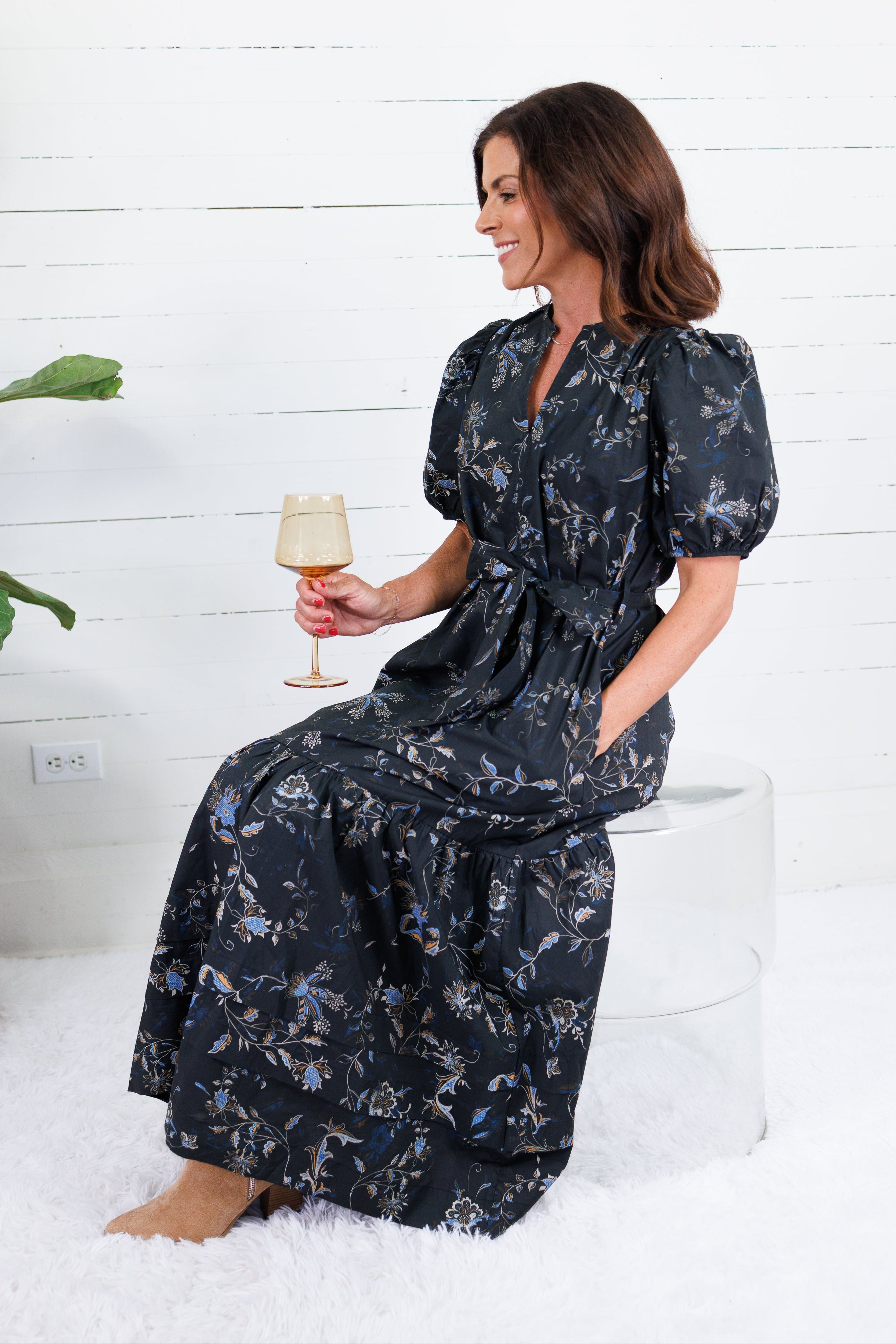 Mads Black Floral Tiered Midi Dress Pinch