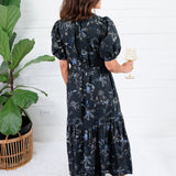 Mads Black Floral Tiered Midi Dress Pinch