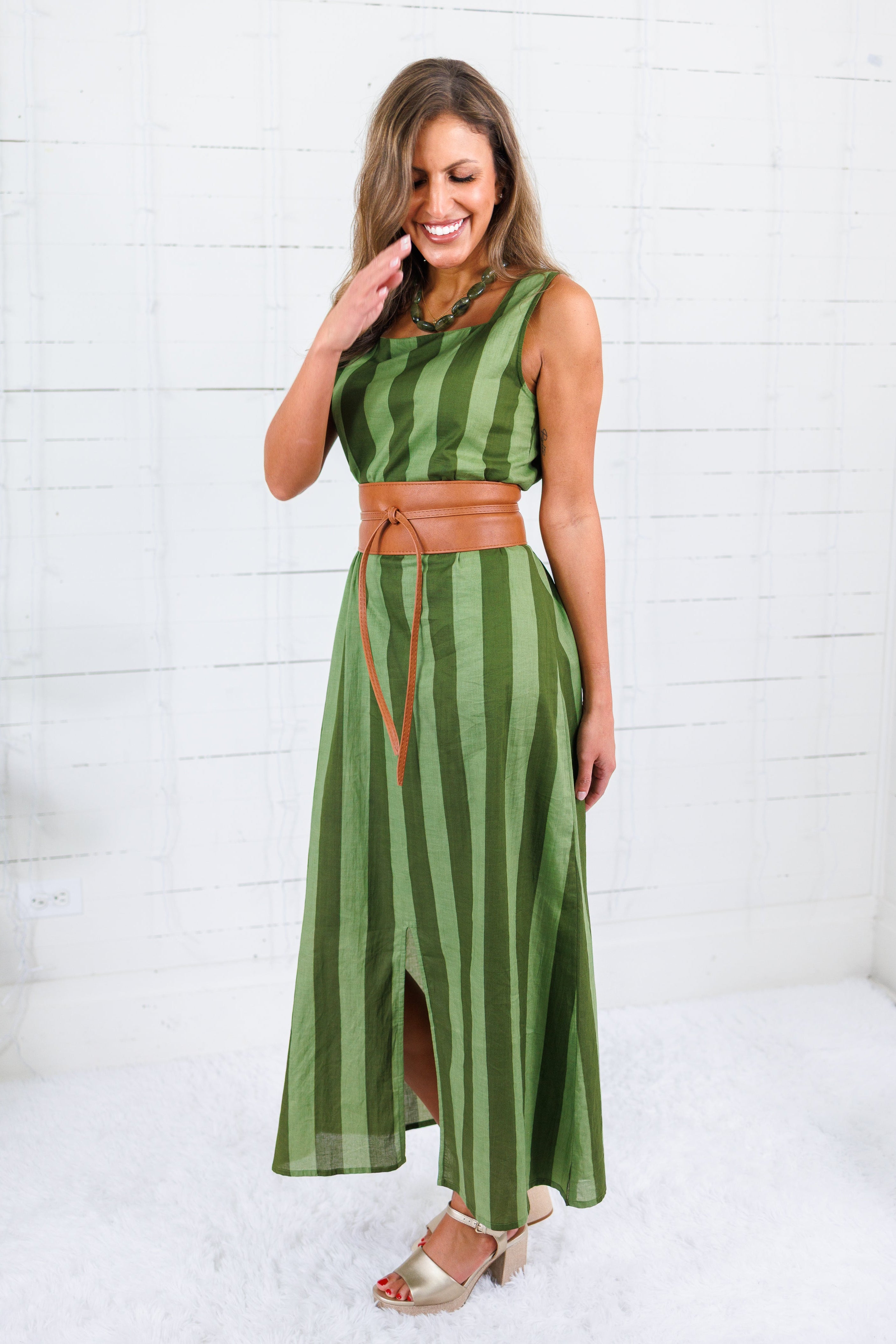 Maggie Oaks Campbell Green Striped Maxi Dress