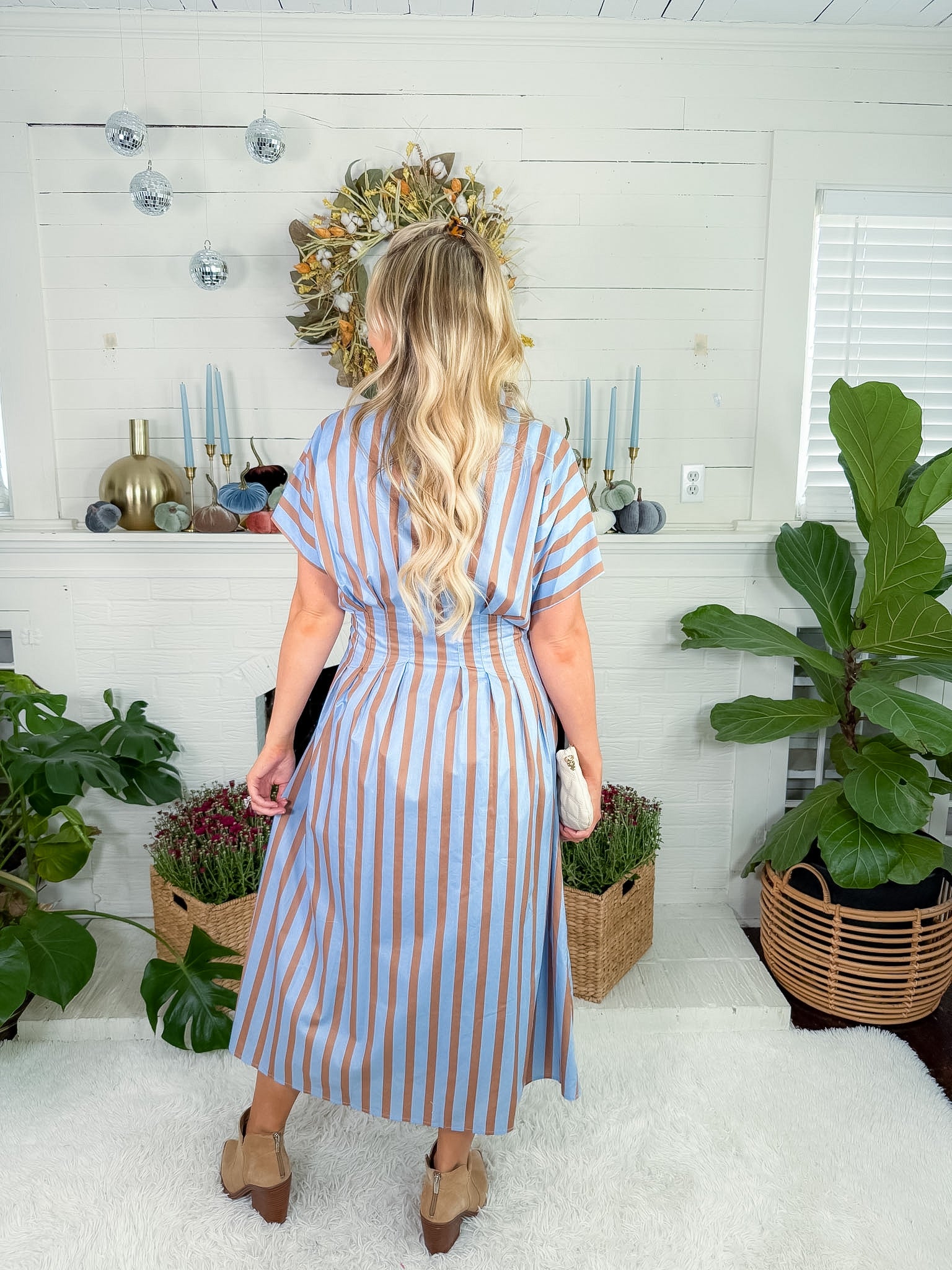 Malisa Blue + Cocoa Striped Nipped Waist Dress THML
