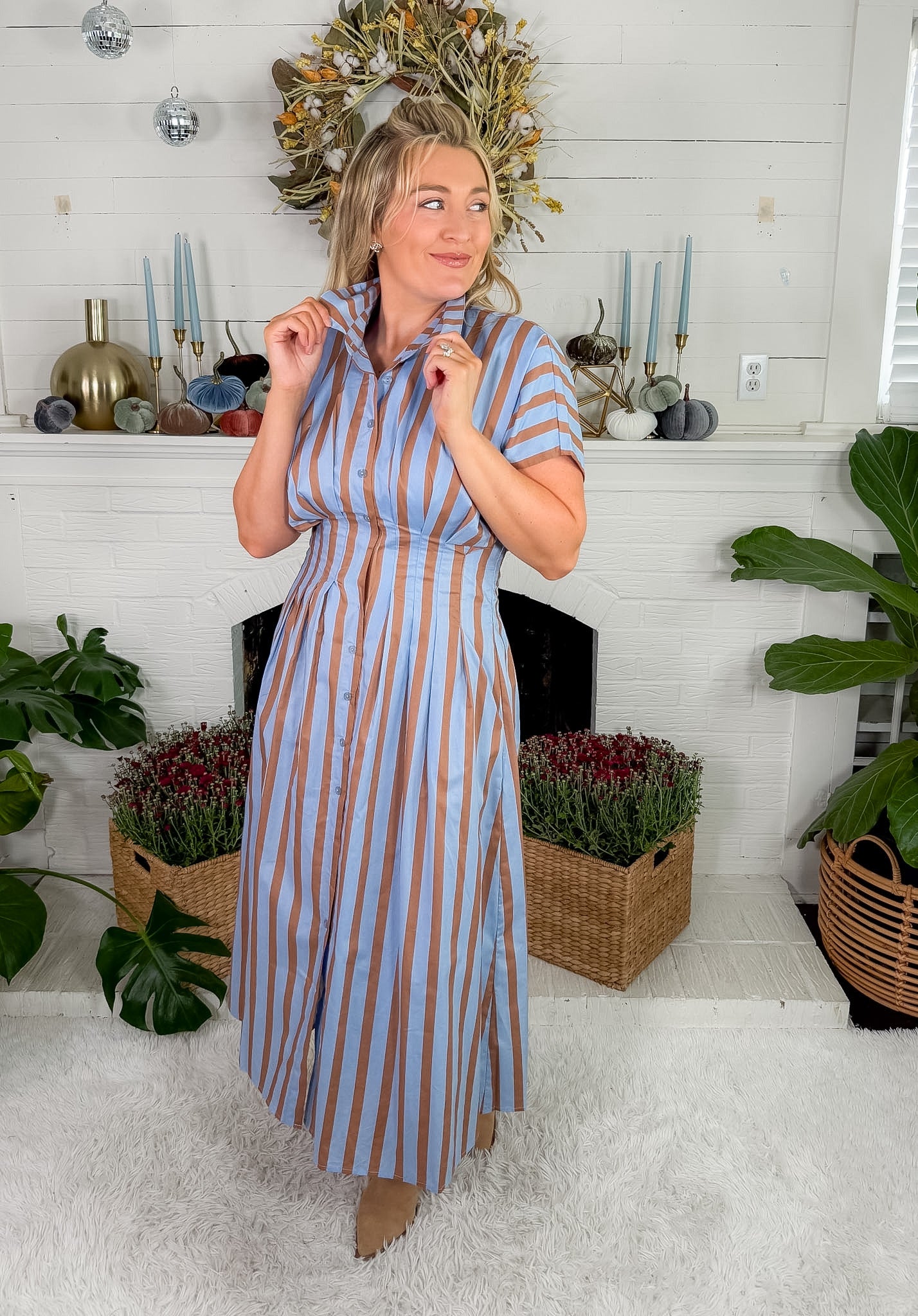 Malisa Blue + Cocoa Striped Nipped Waist Dress THML