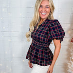 Margaux Navy Plaid Zip Front Top Entro