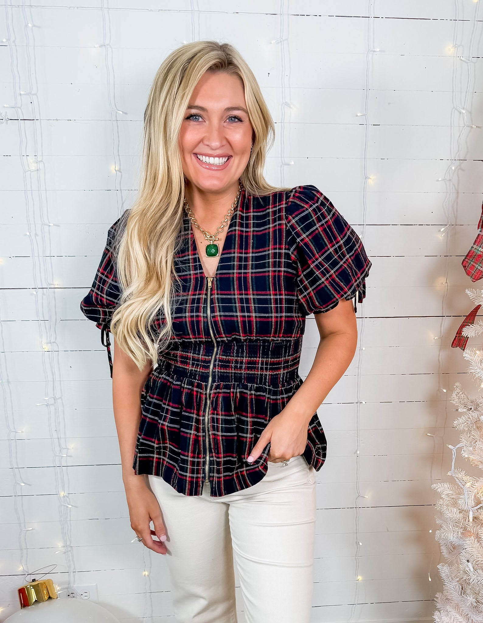 Margaux Navy Plaid Zip Front Top Entro