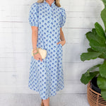 Margot Cobalt + Sky Ruffle Collar Button Midi Dress Gigio