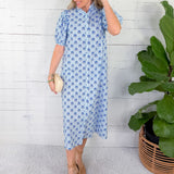 Margot Cobalt + Sky Ruffle Collar Button Midi Dress Gigio