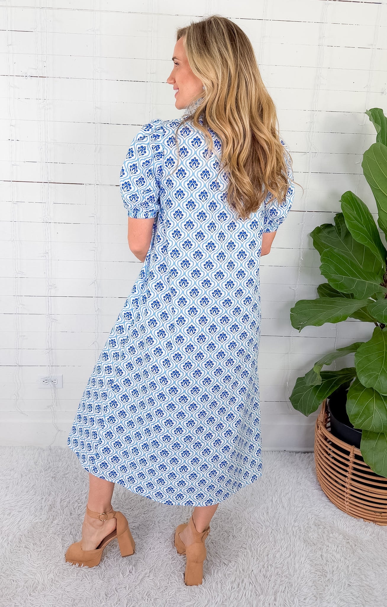 Margot Cobalt + Sky Ruffle Collar Button Midi Dress Gigio