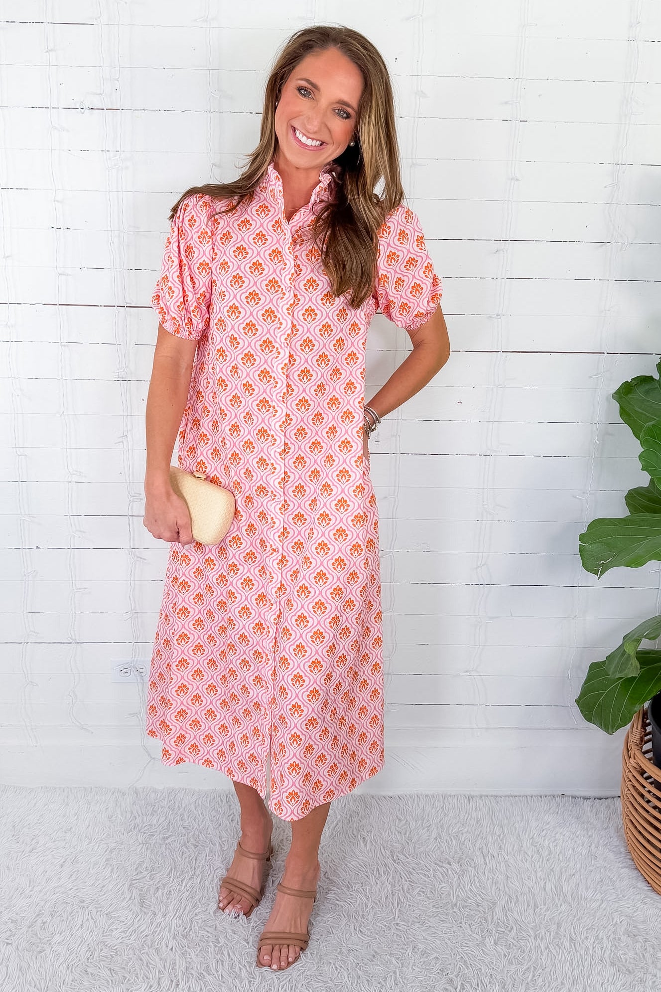 Margot Pink + Orange Ruffle Collar Button Midi Dress Gigio