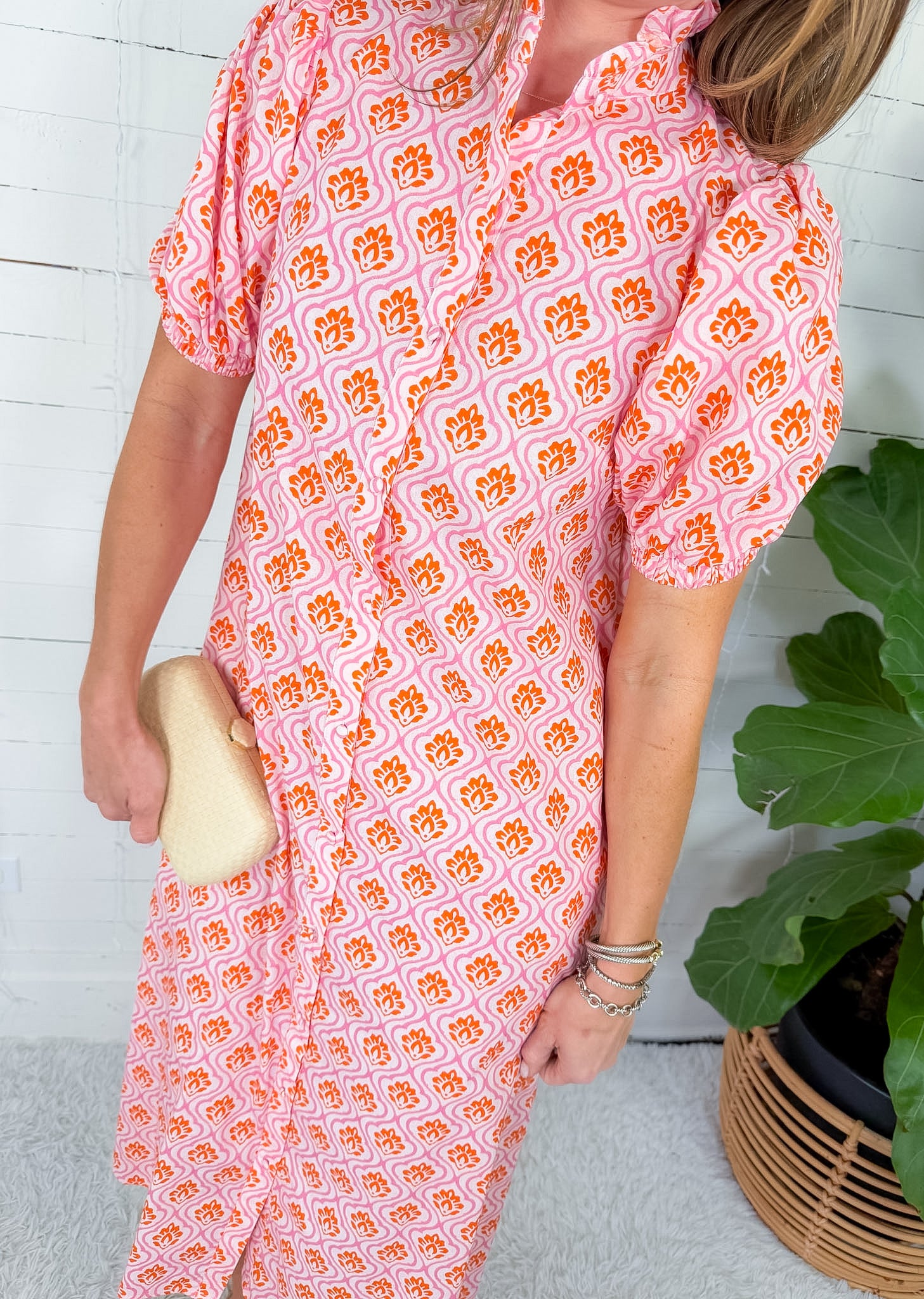 Margot Pink + Orange Ruffle Collar Button Midi Dress Gigio