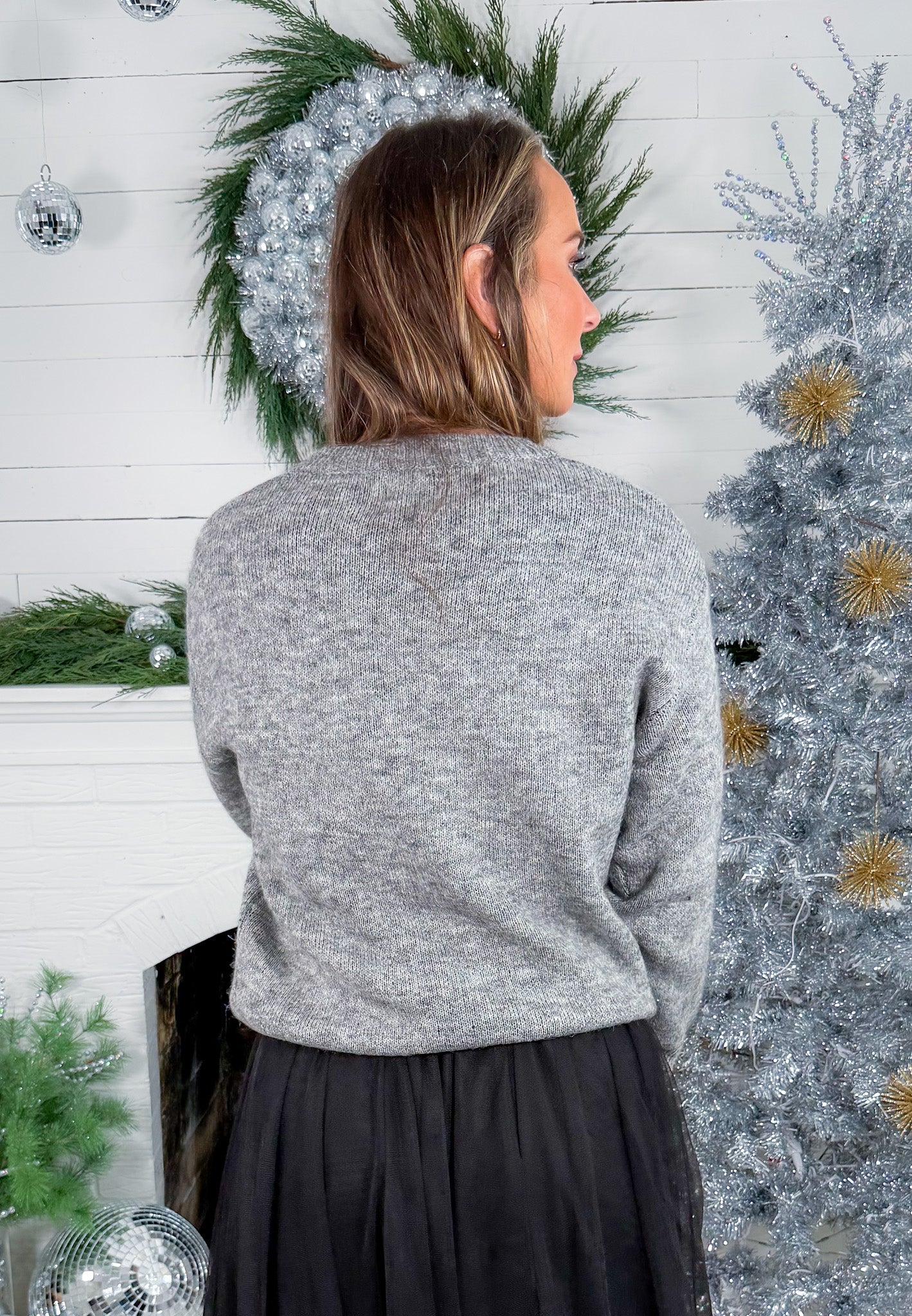 Marianne Dark Grey Sequin Bow Sweater Molly Bracken