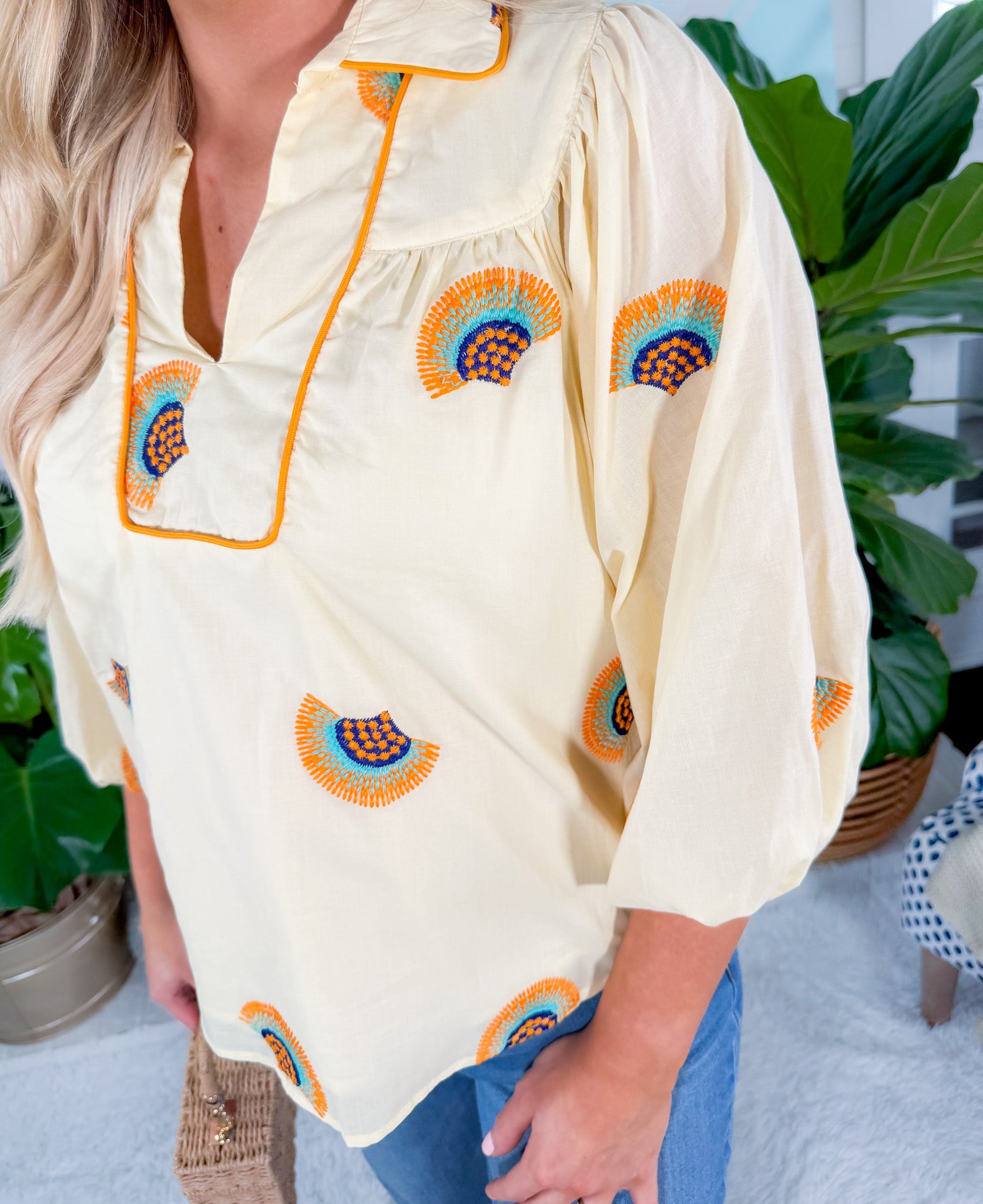 Marisa Yellow Fan Embroidery Top Ciebon