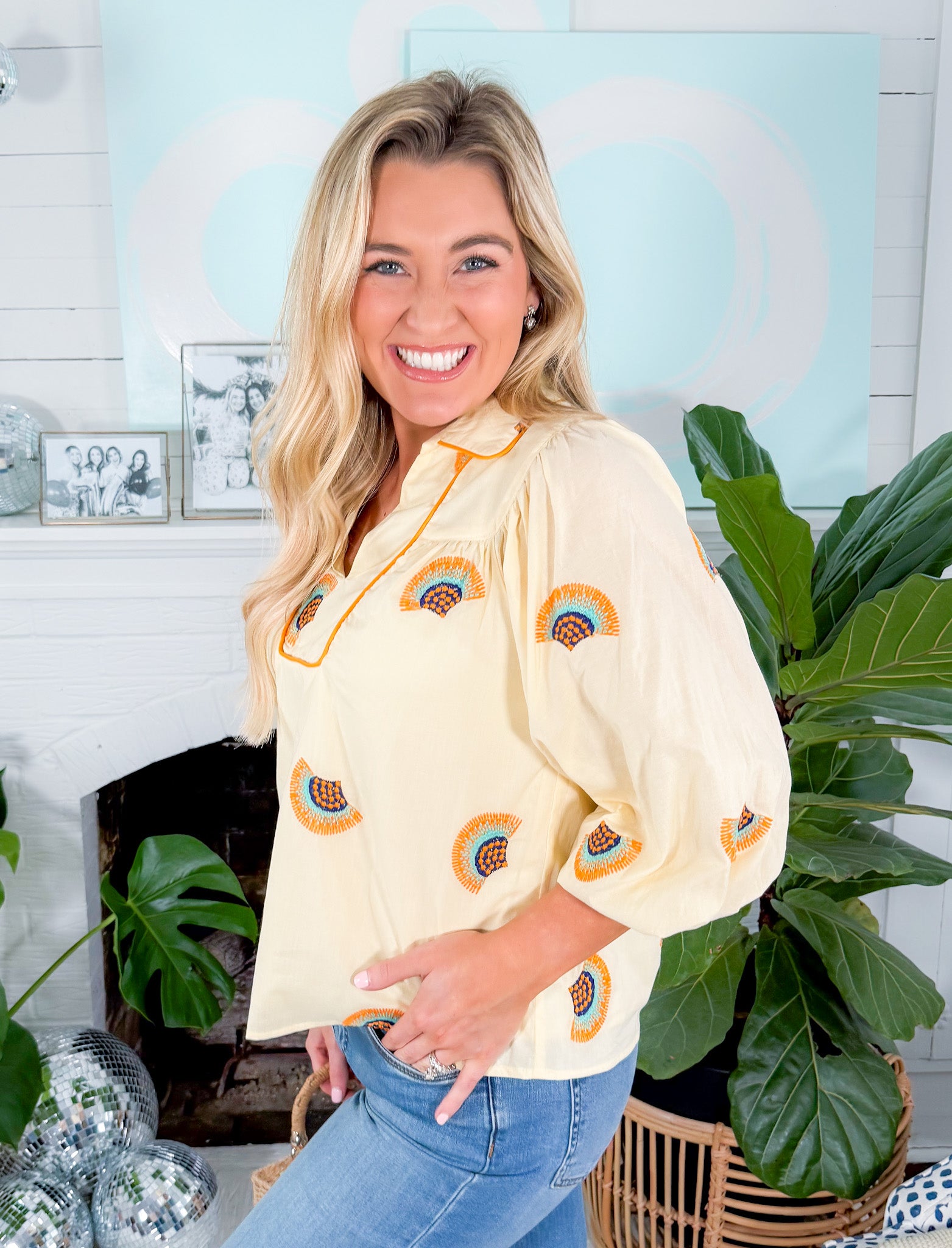 Marisa Yellow Fan Embroidery Top Ciebon