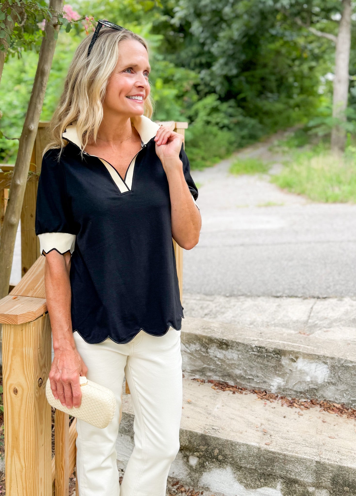 Marjorie Black + Ecru Scallop Edge Top