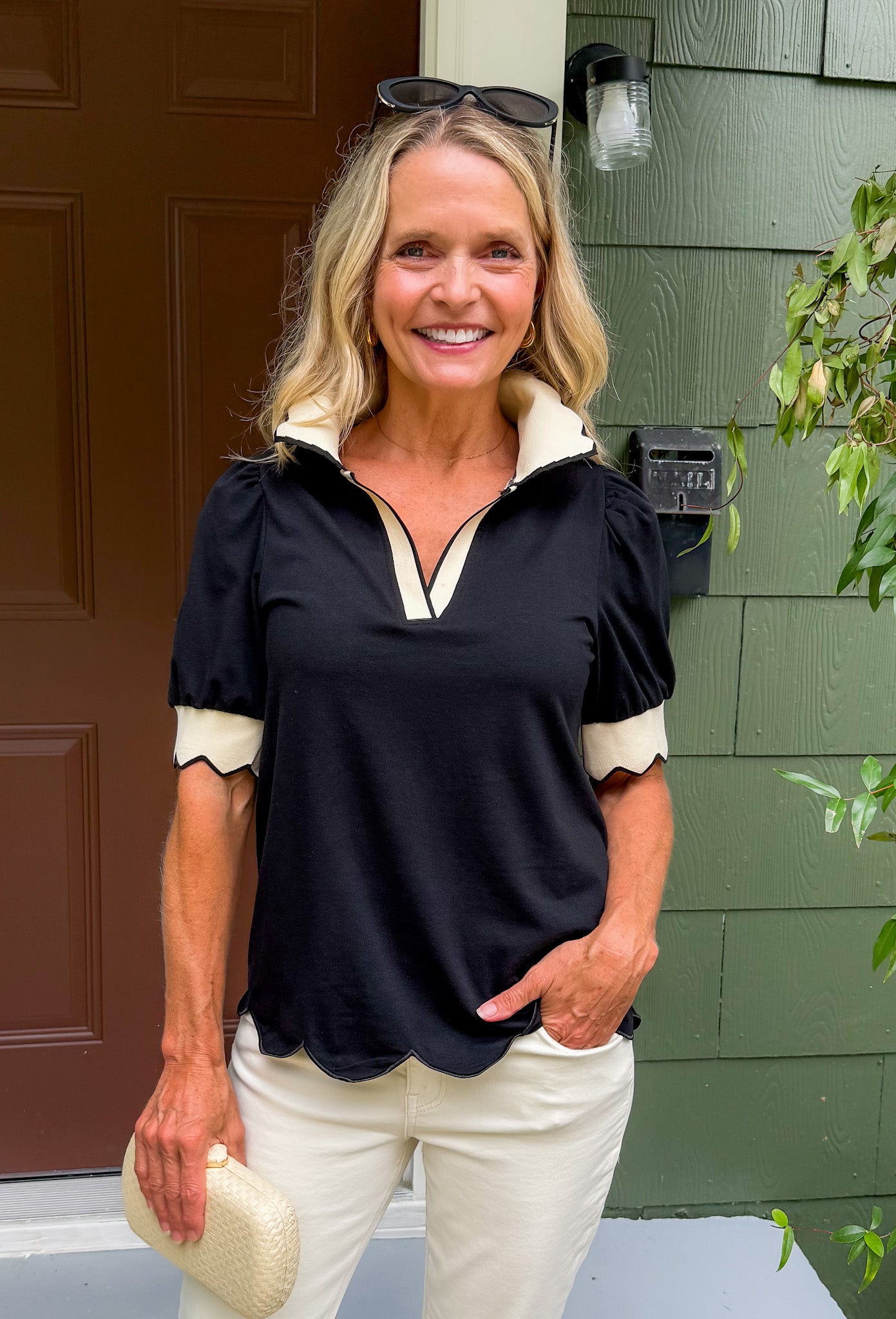 Marjorie Black + Ecru Scallop Edge Top