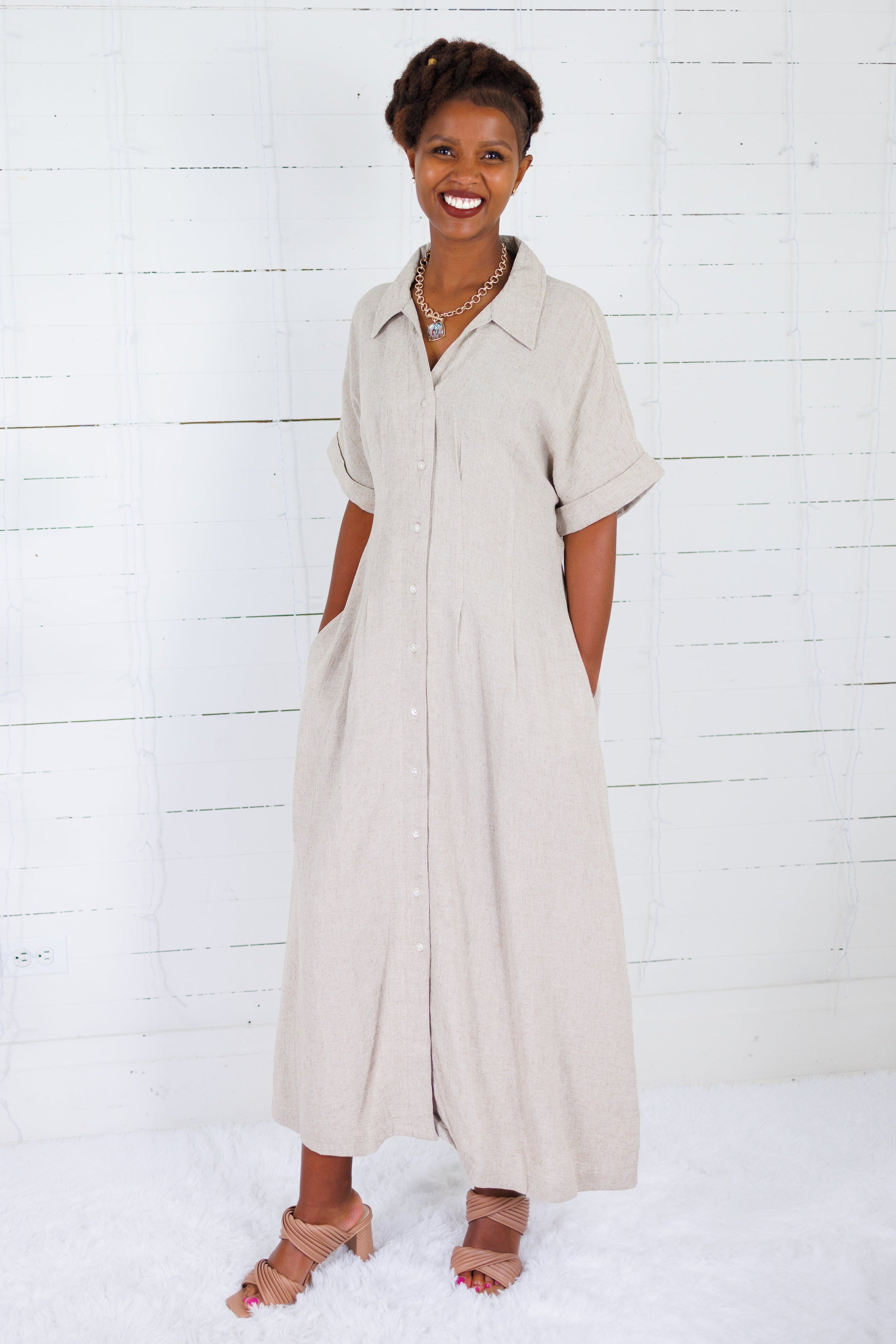 Marla Natural Linen Nipped Waist Shirt Dress THML