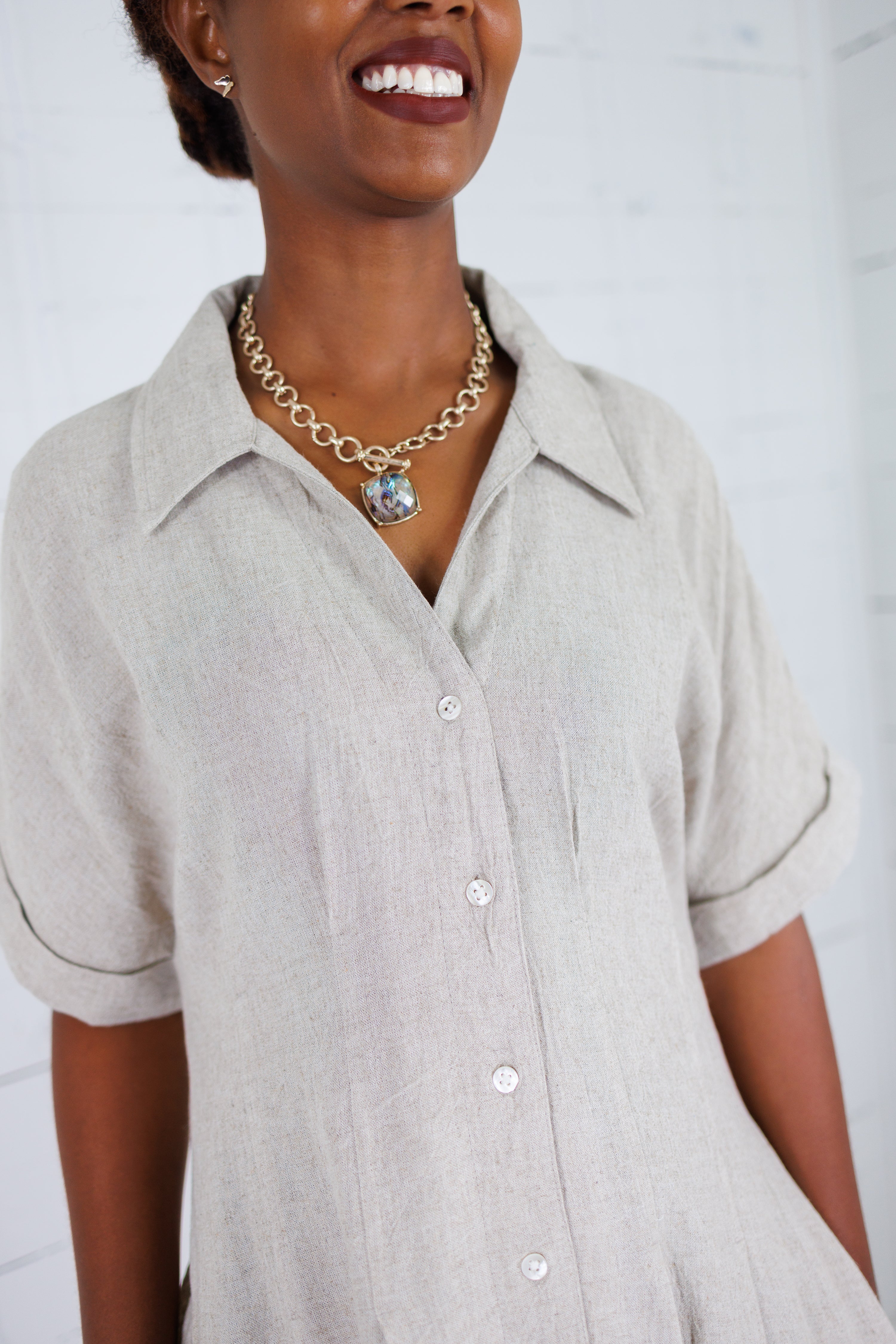 Marla Natural Linen Nipped Waist Shirt Dress THML