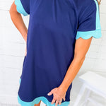 Marlin Navy + Mint Scallop Edges Mini Dress Jodifl