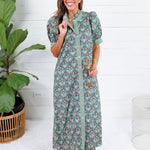 Marty Pine Green + Gingham Trim Maxi Dress Entro