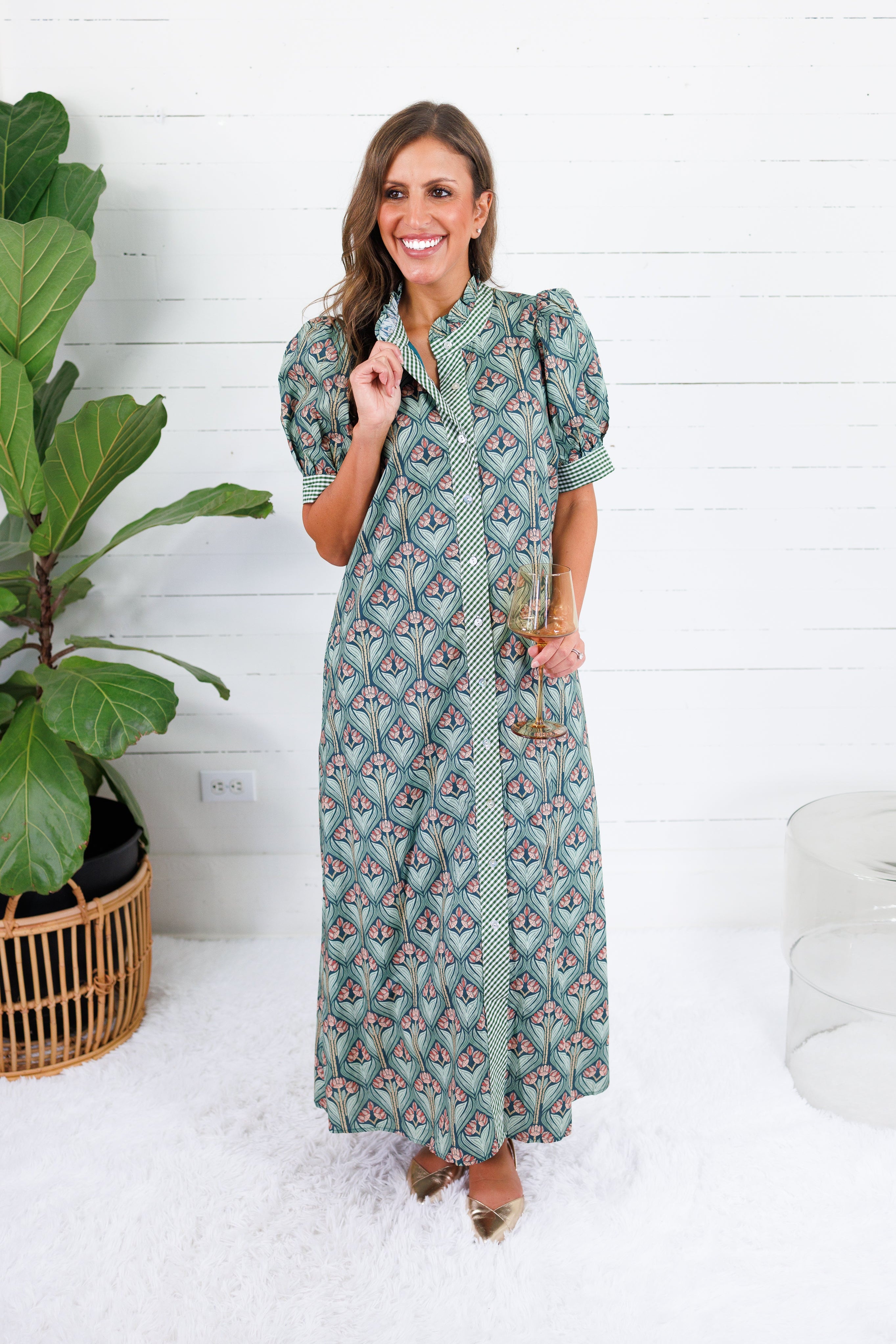 Marty Pine Green + Gingham Trim Maxi Dress Entro