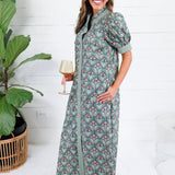 Marty Pine Green + Gingham Trim Maxi Dress Entro