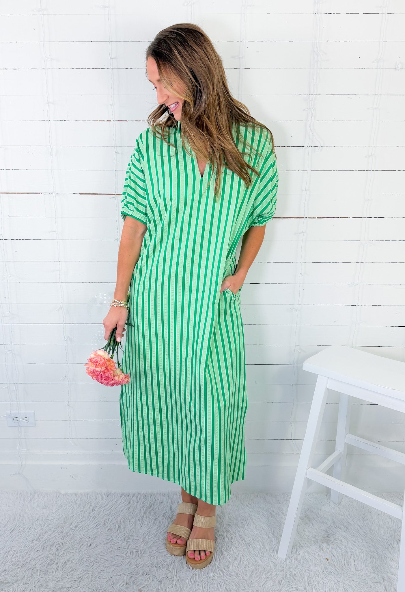 Maurice Lawn Green Seersucker Stripe Maxi Dress Entro