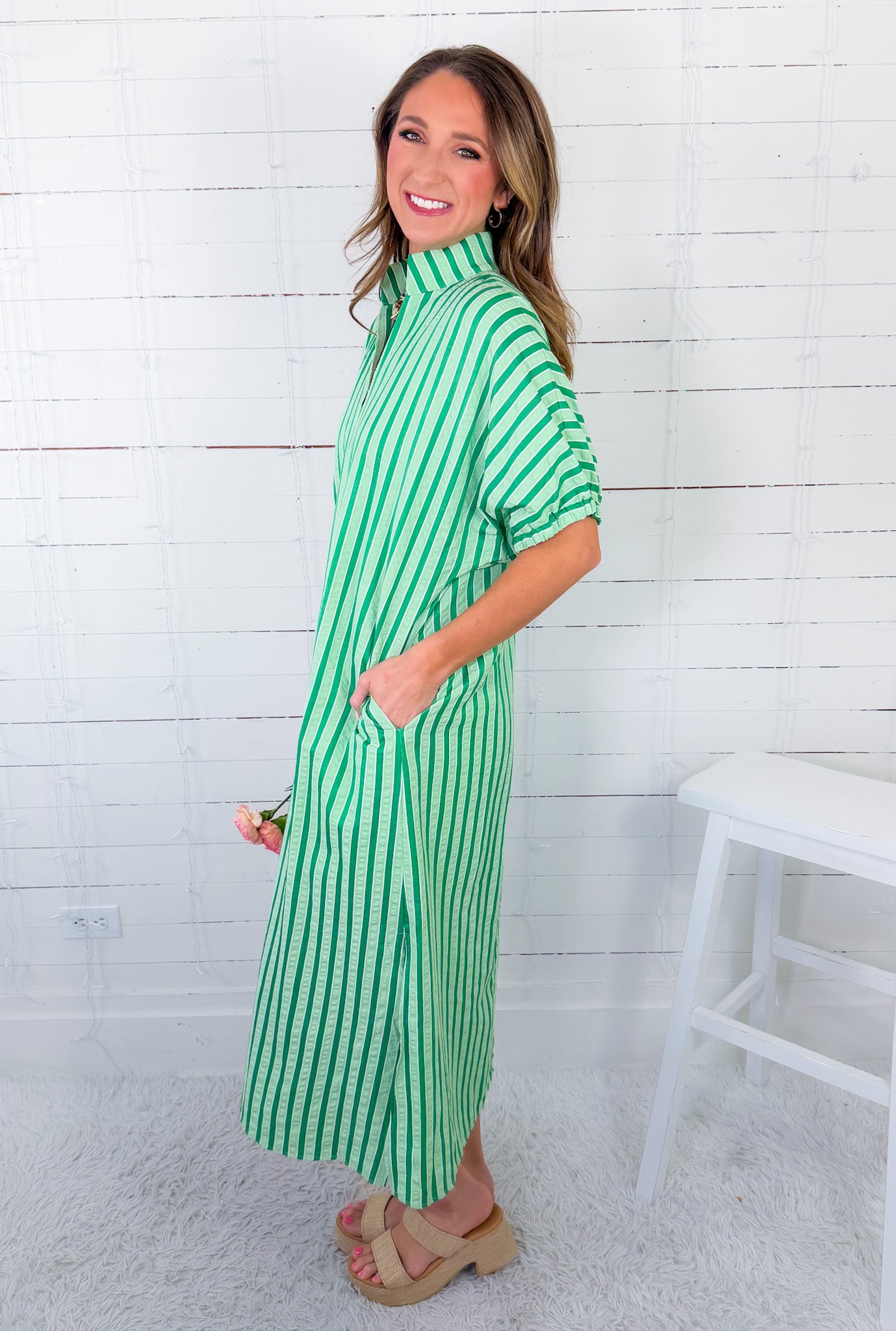 Maurice Lawn Green Seersucker Stripe Maxi Dress Entro
