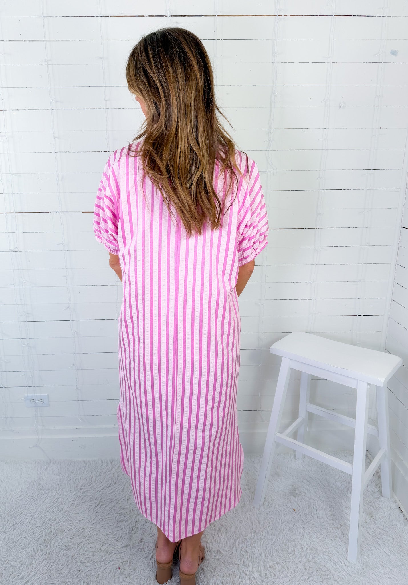Maurice Party Pink Seersucker Stripe Maxi Dress Entro