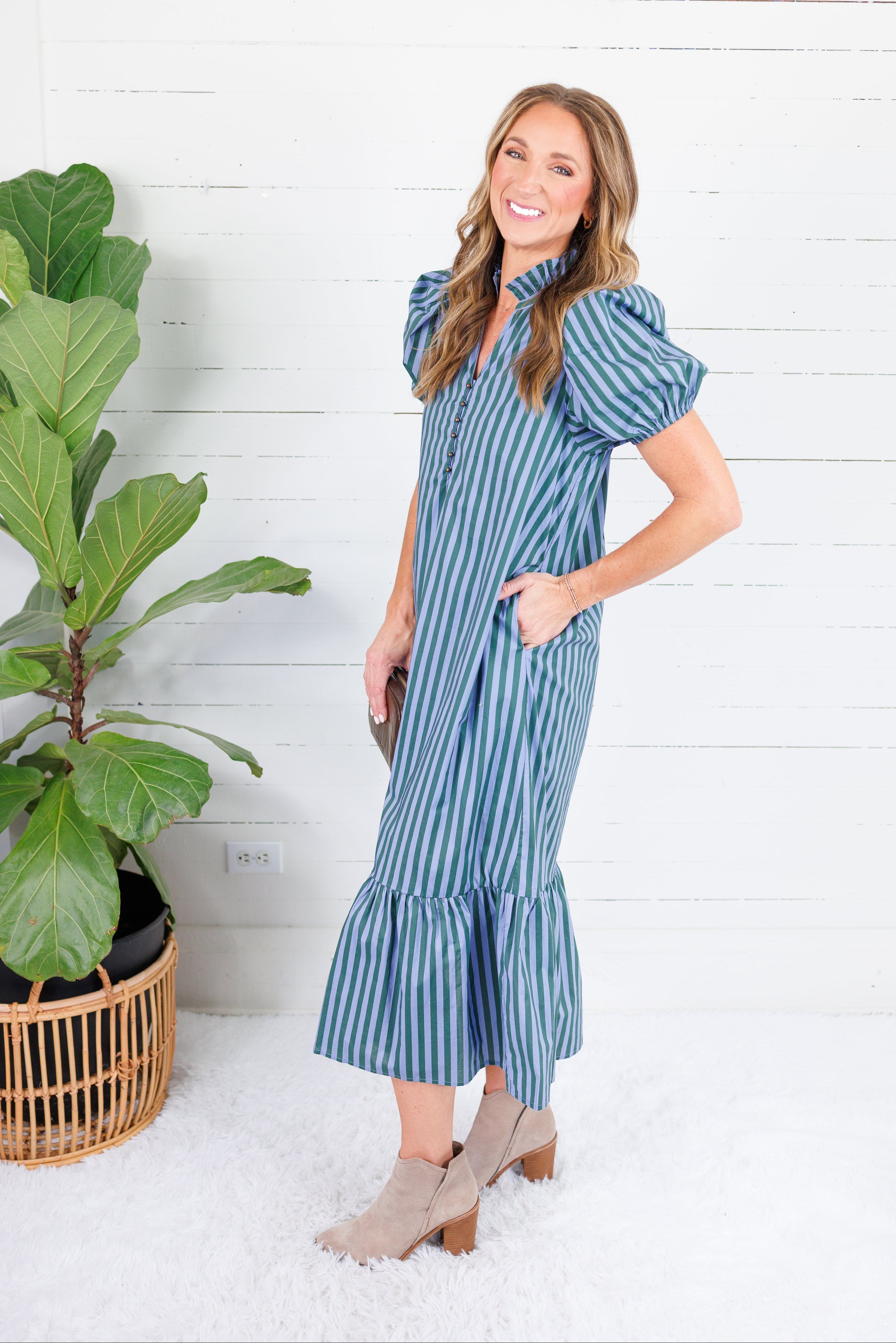 Mavalene Pine + Periwinkle Stripe Maxi Dress Entro
