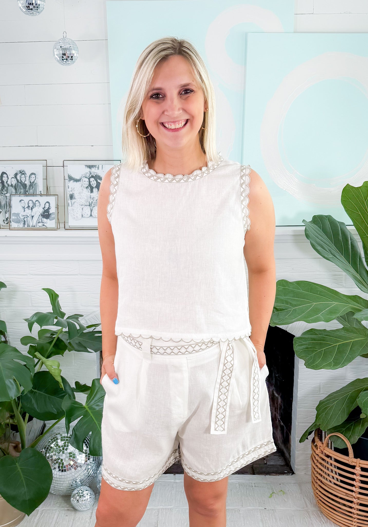 Maya White Linen Crop Top Azure and Indigo