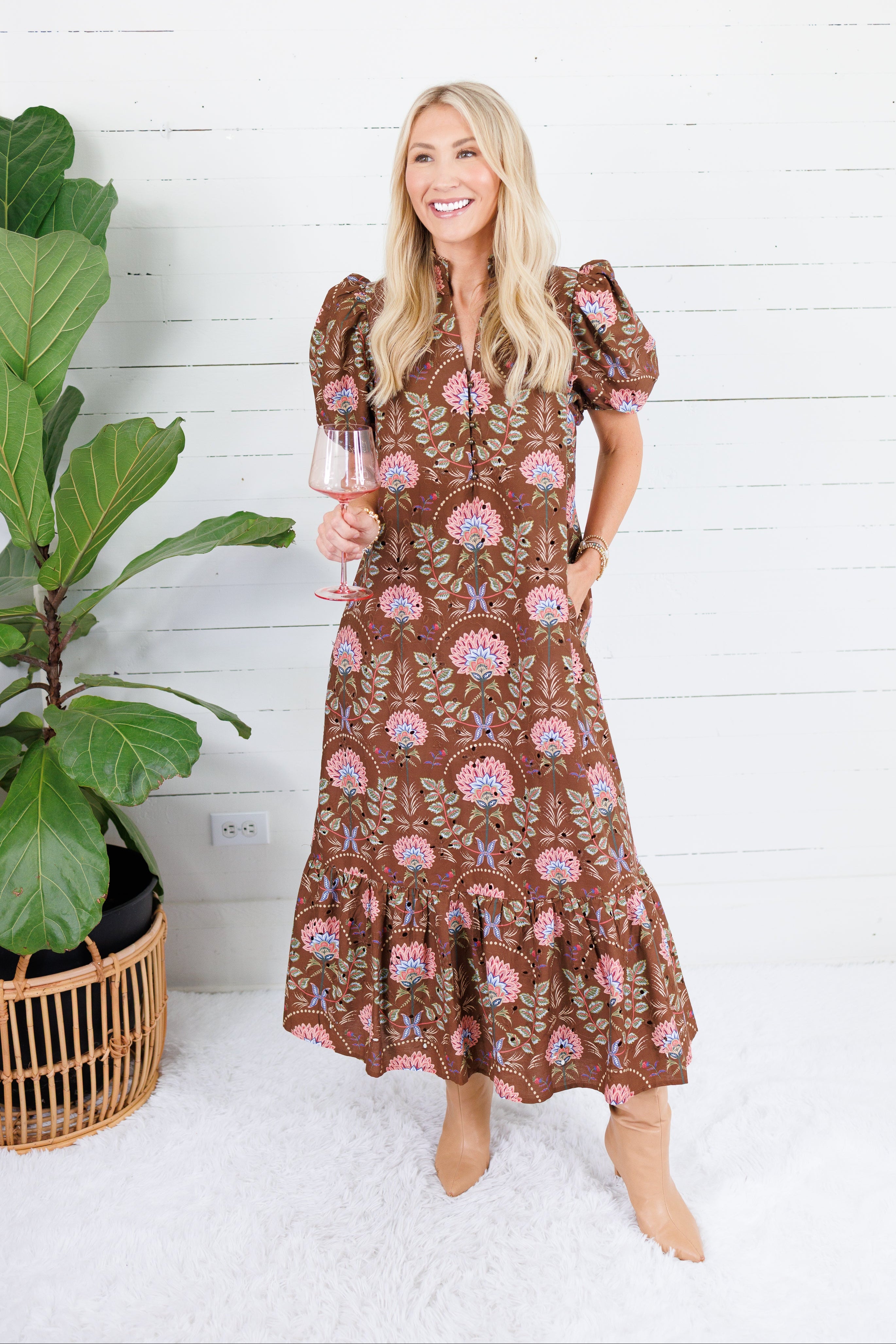 Maylene Cocoa Floral Bouquet Eyelet Maxi Dress Entro