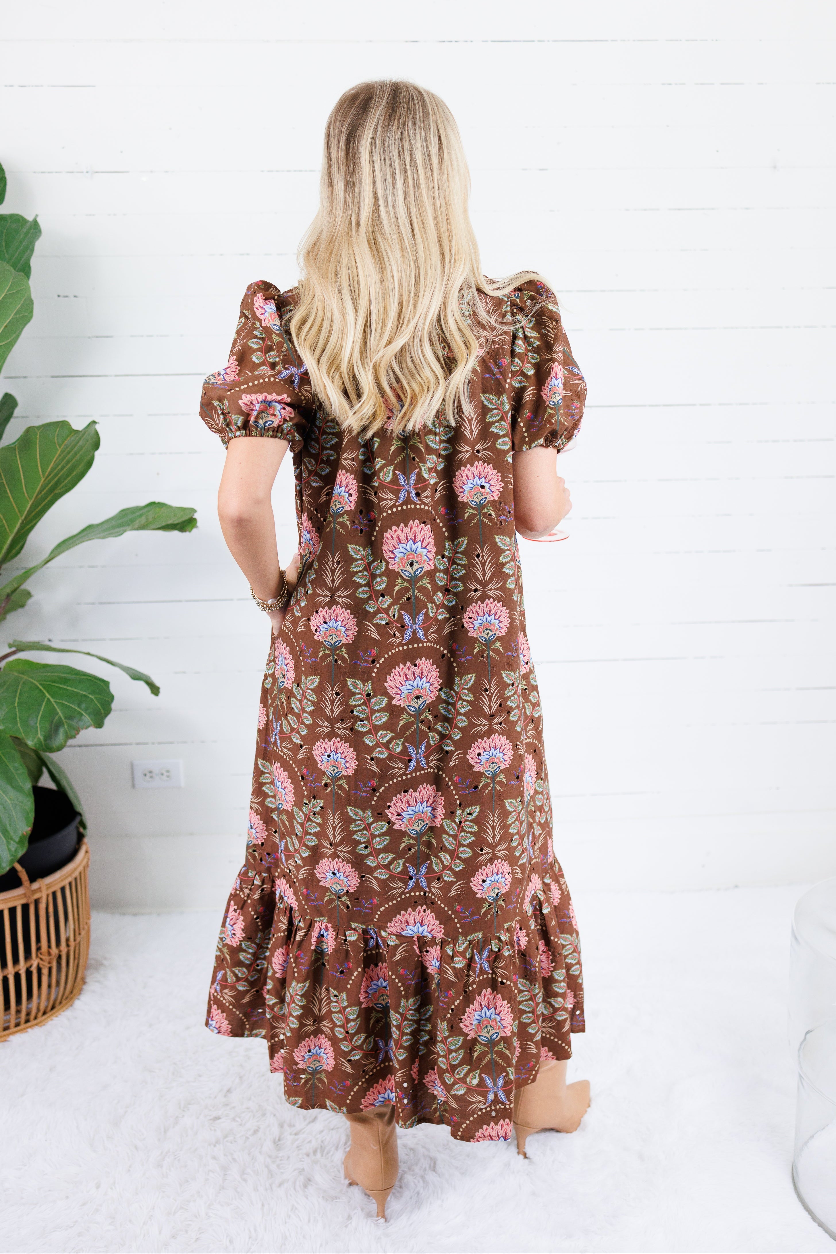 Maylene Cocoa Floral Bouquet Eyelet Maxi Dress Entro