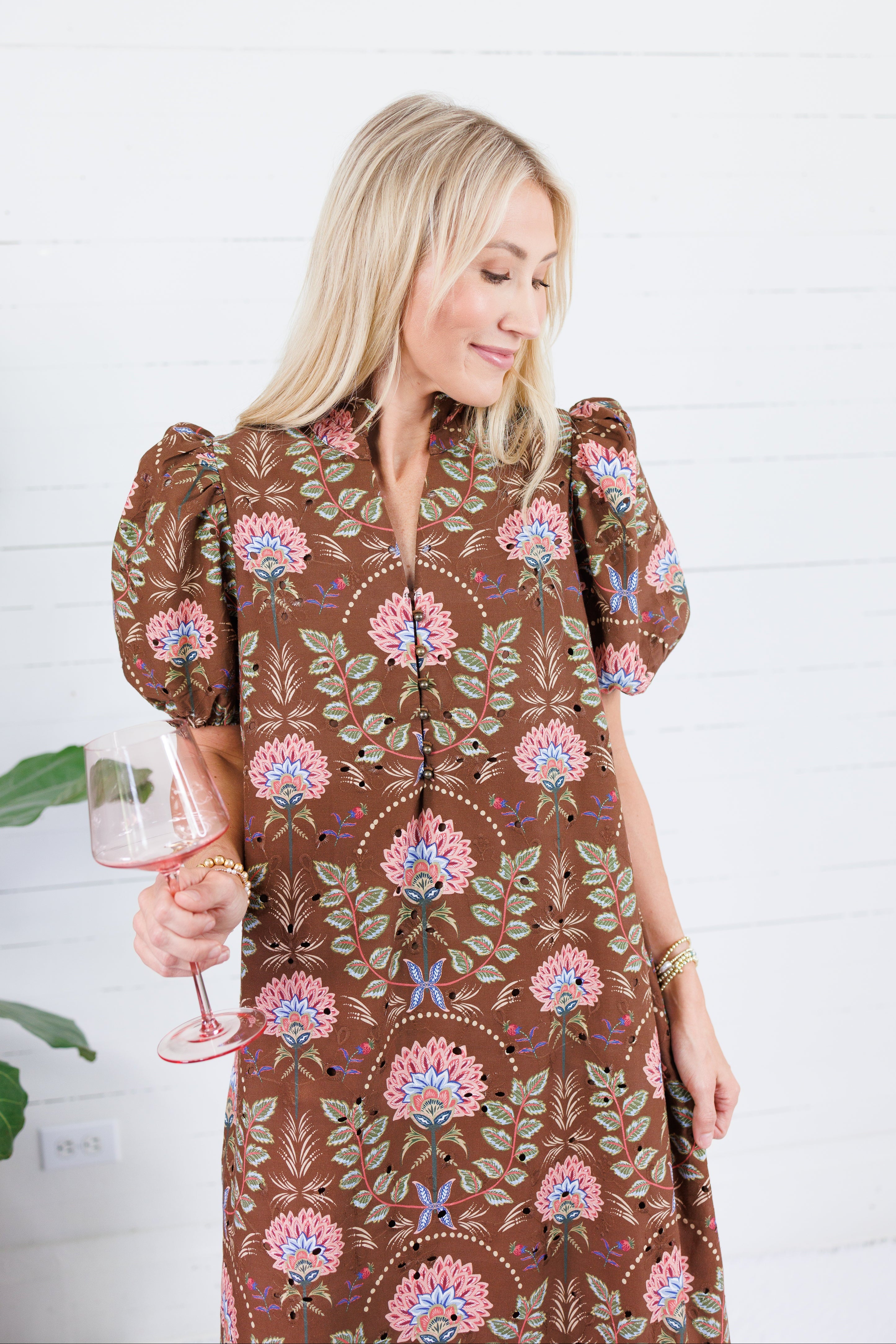Maylene Cocoa Floral Bouquet Eyelet Maxi Dress Entro