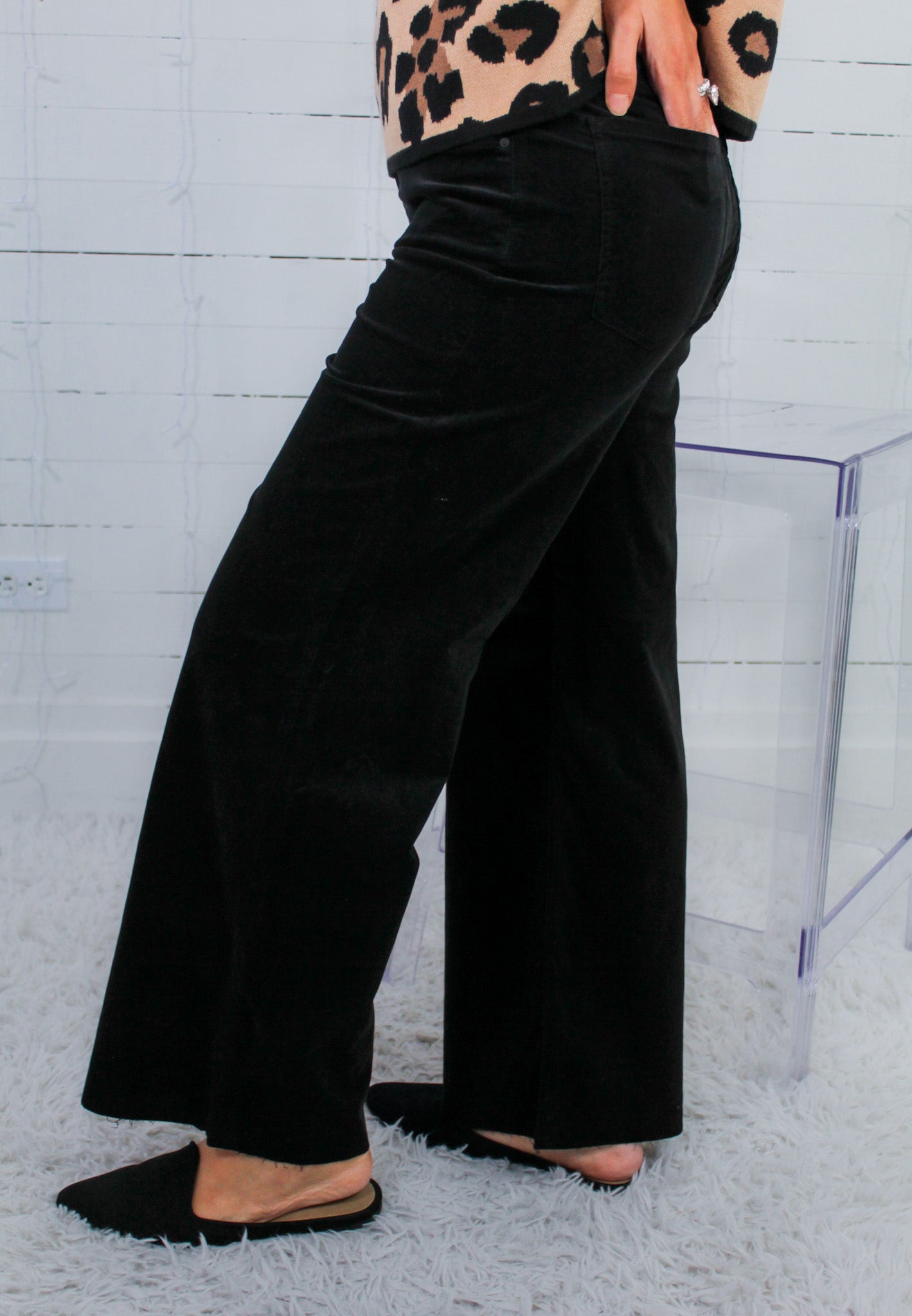 Meg Black Baby Wale Corduroy Wide Leg Raw Hem Pant KUT