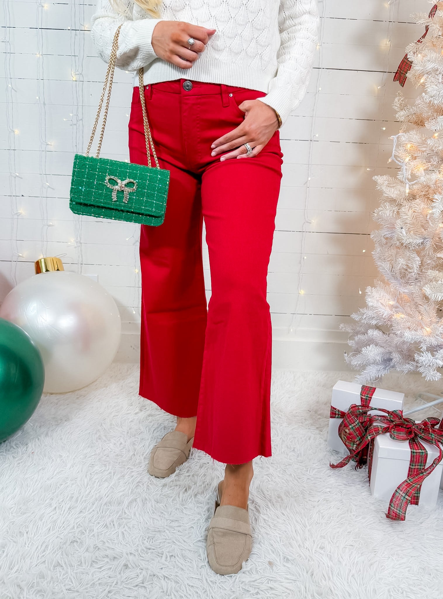 Meg Ruby Red High Rise Wide Leg Raw Hem Jean KUT