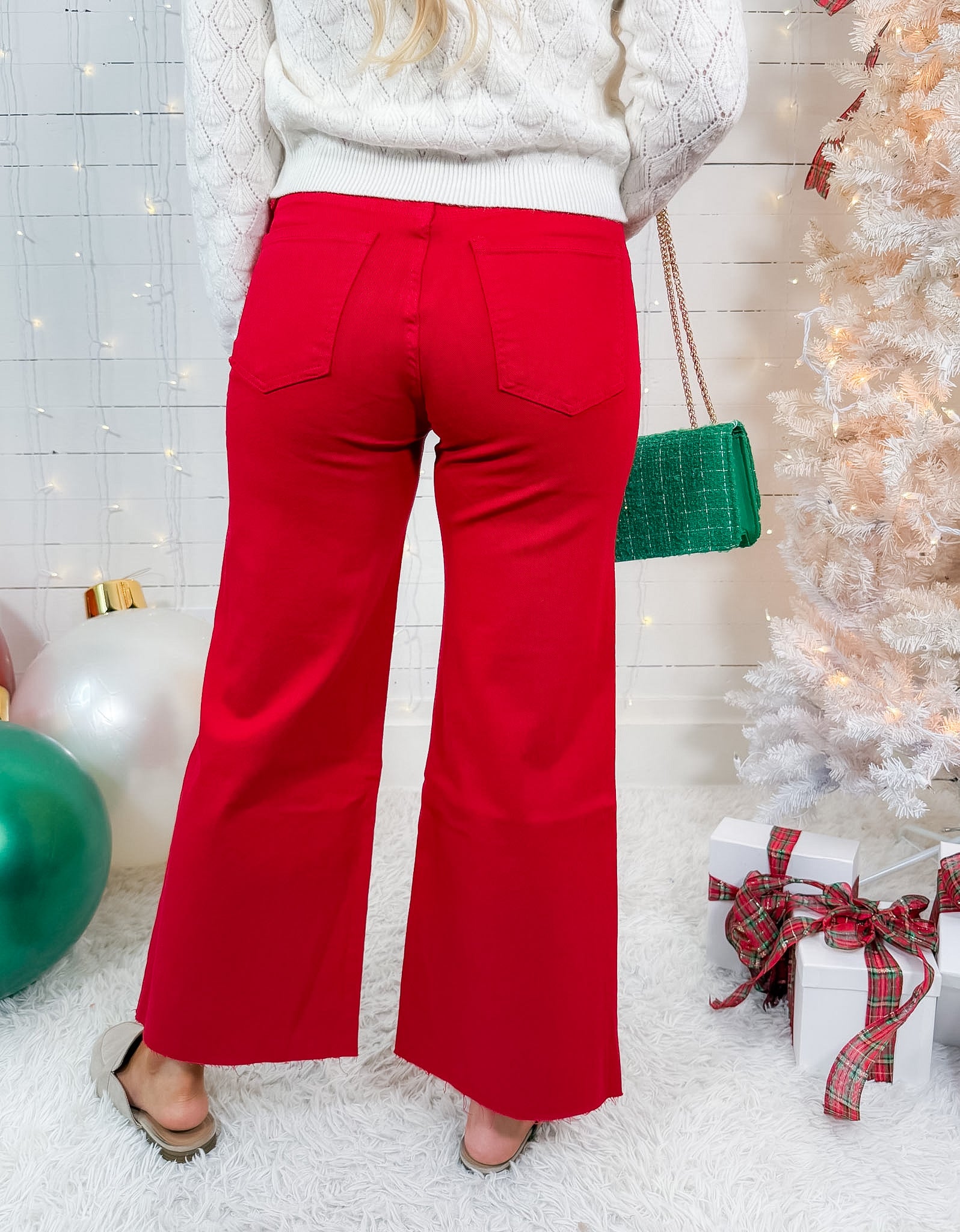 Meg Ruby Red High Rise Wide Leg Raw Hem Jean KUT
