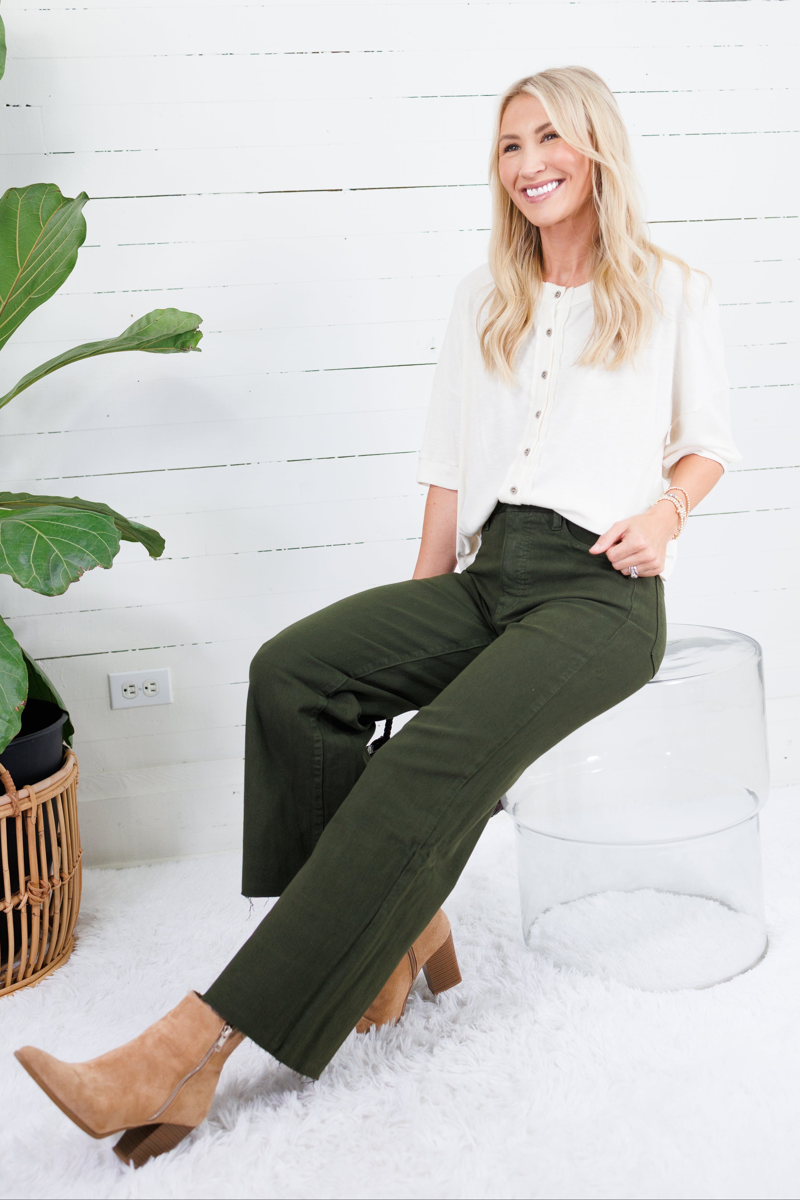 Meg Tuscan Olive Wide Leg Raw Hem Jean