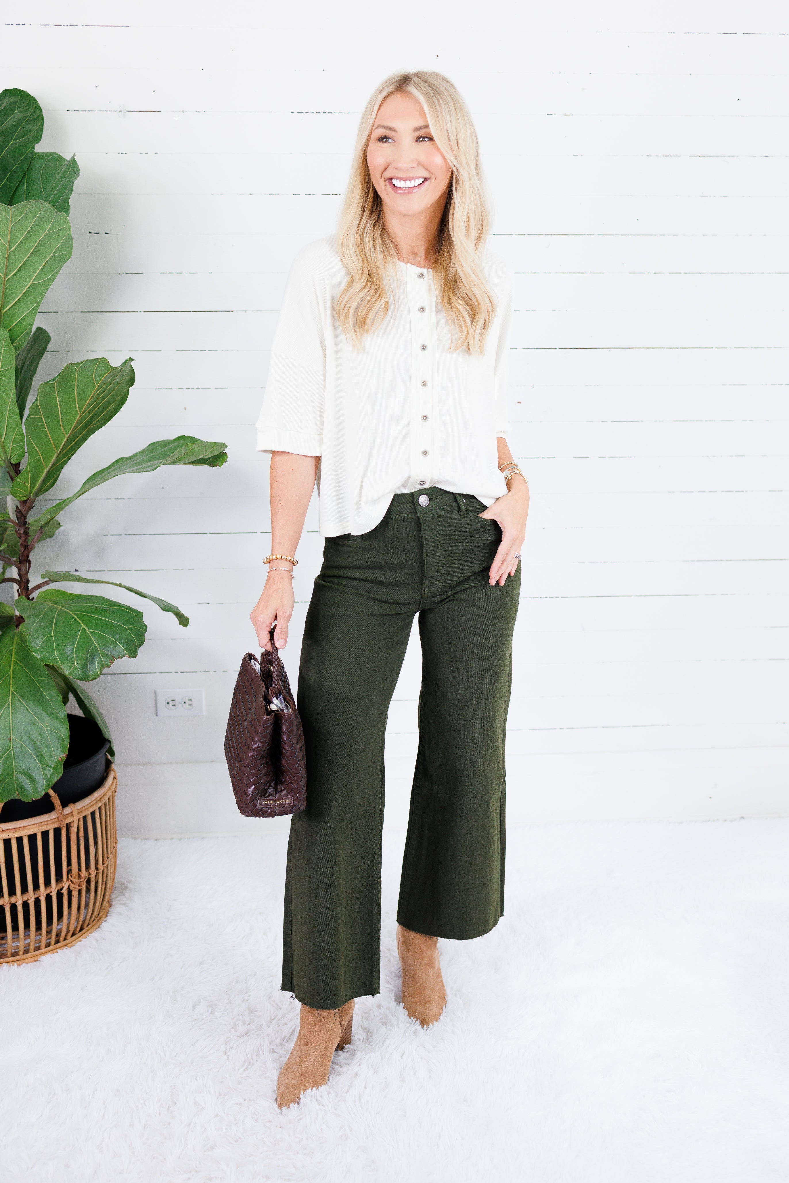 Meg Tuscan Olive Wide Leg Raw Hem Jean
