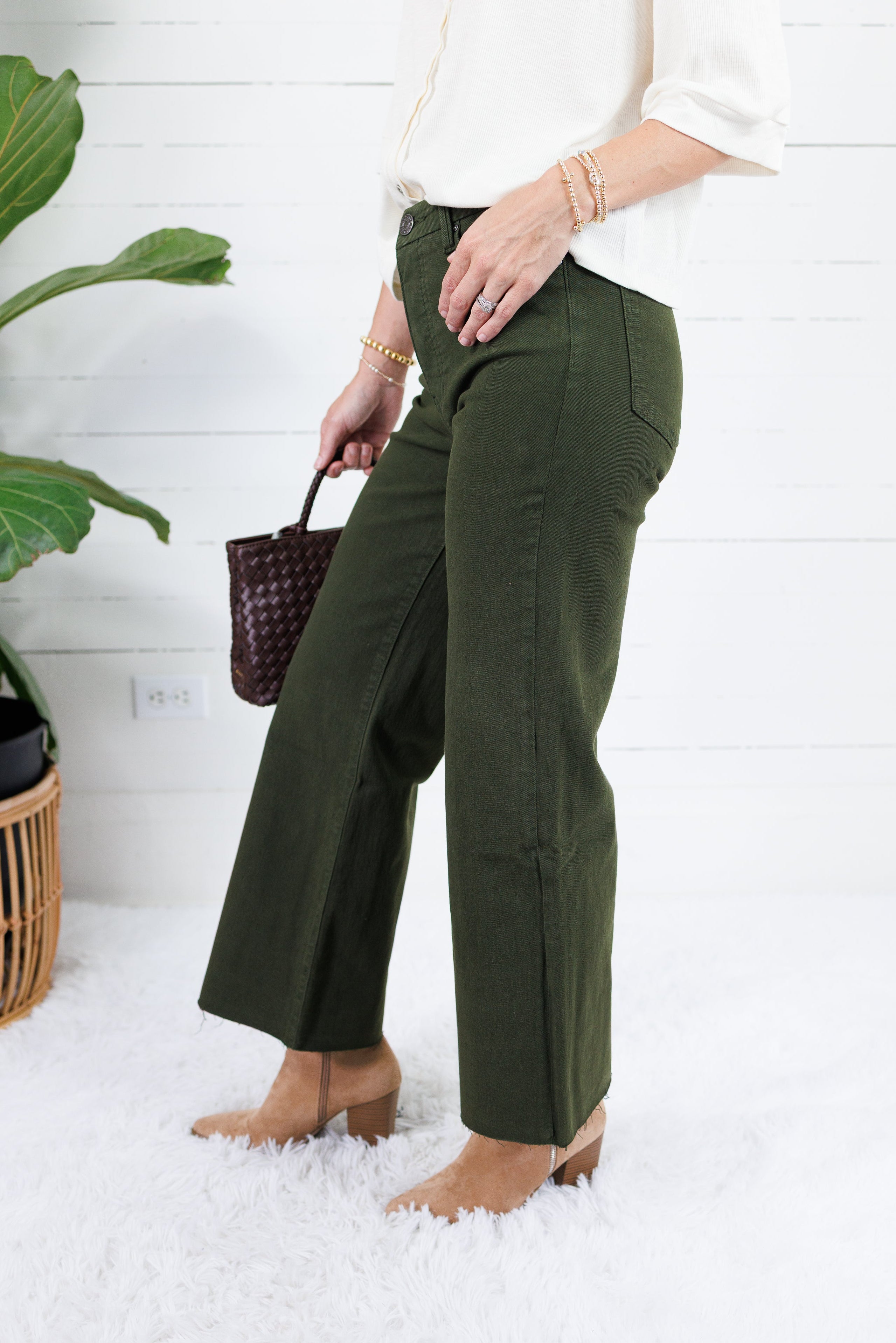 Meg Tuscan Olive Wide Leg Raw Hem Jean
