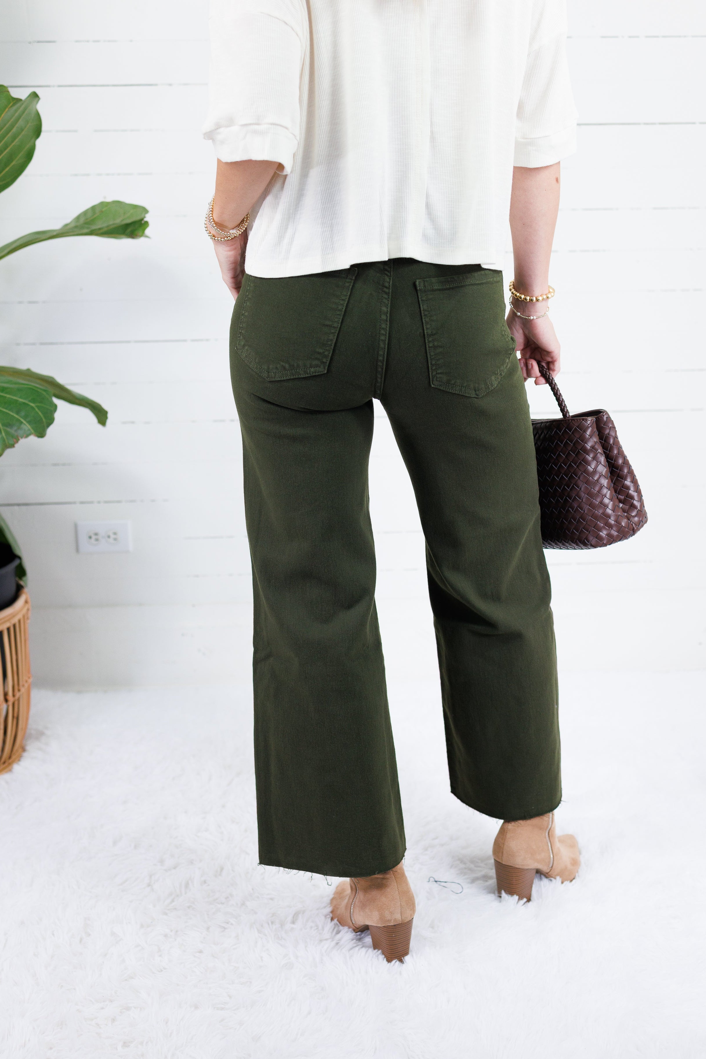 Meg Tuscan Olive Wide Leg Raw Hem Jean