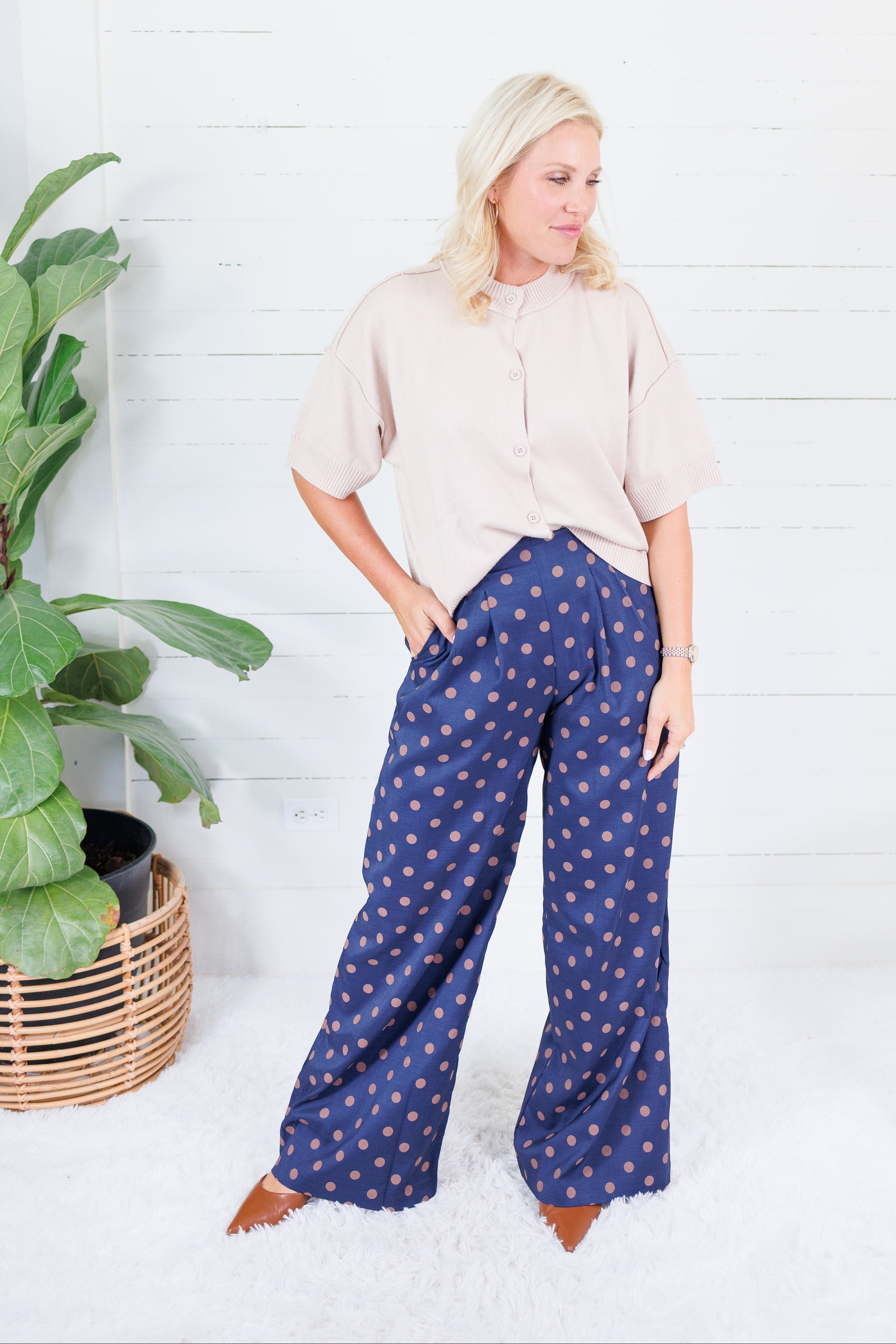 Milan Navy + Sienna Dotty Pleated Wide Pants Glam