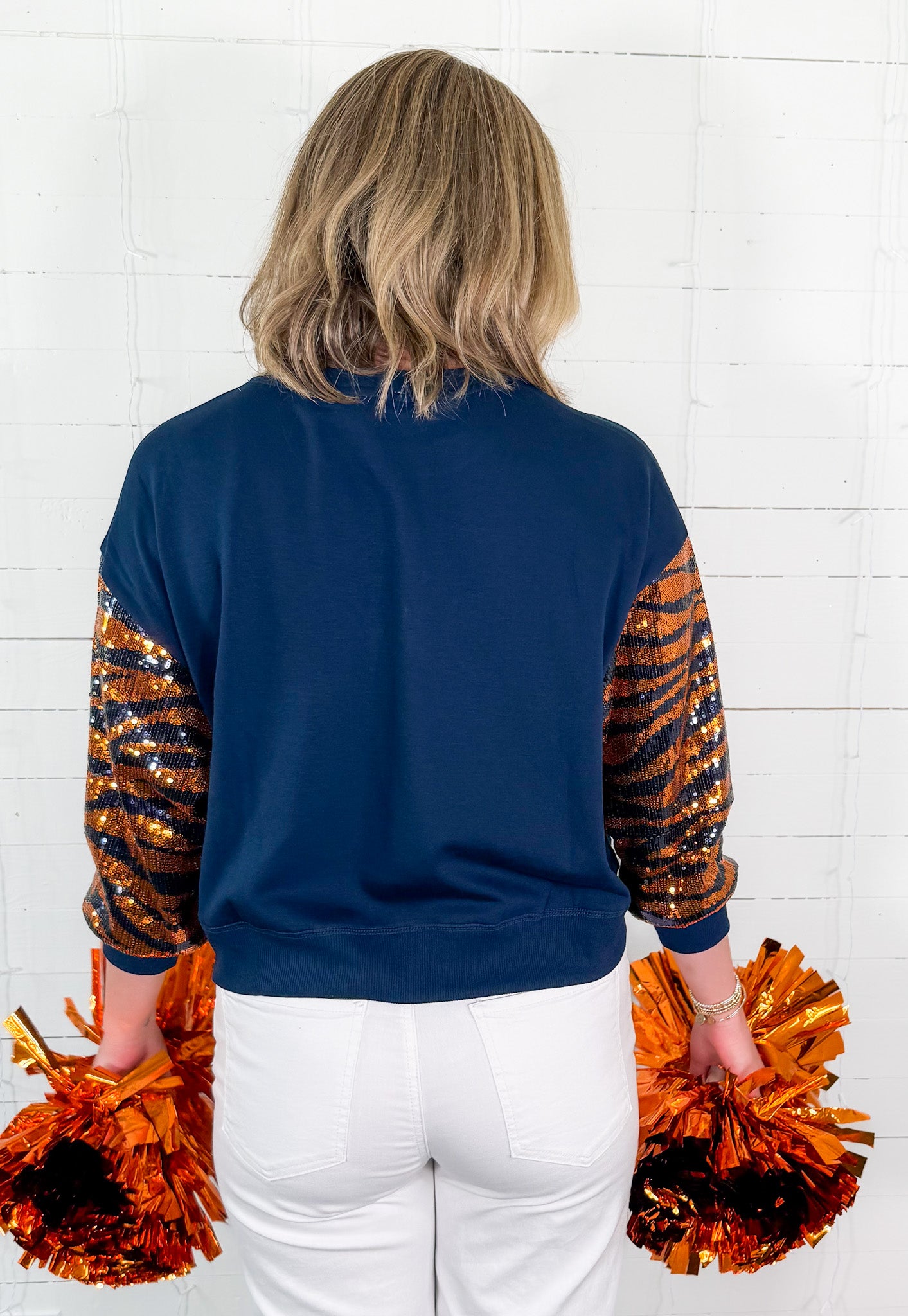 Millie Navy Bodda Tiger Sequin Sleeve Sweatshirt Mary Square