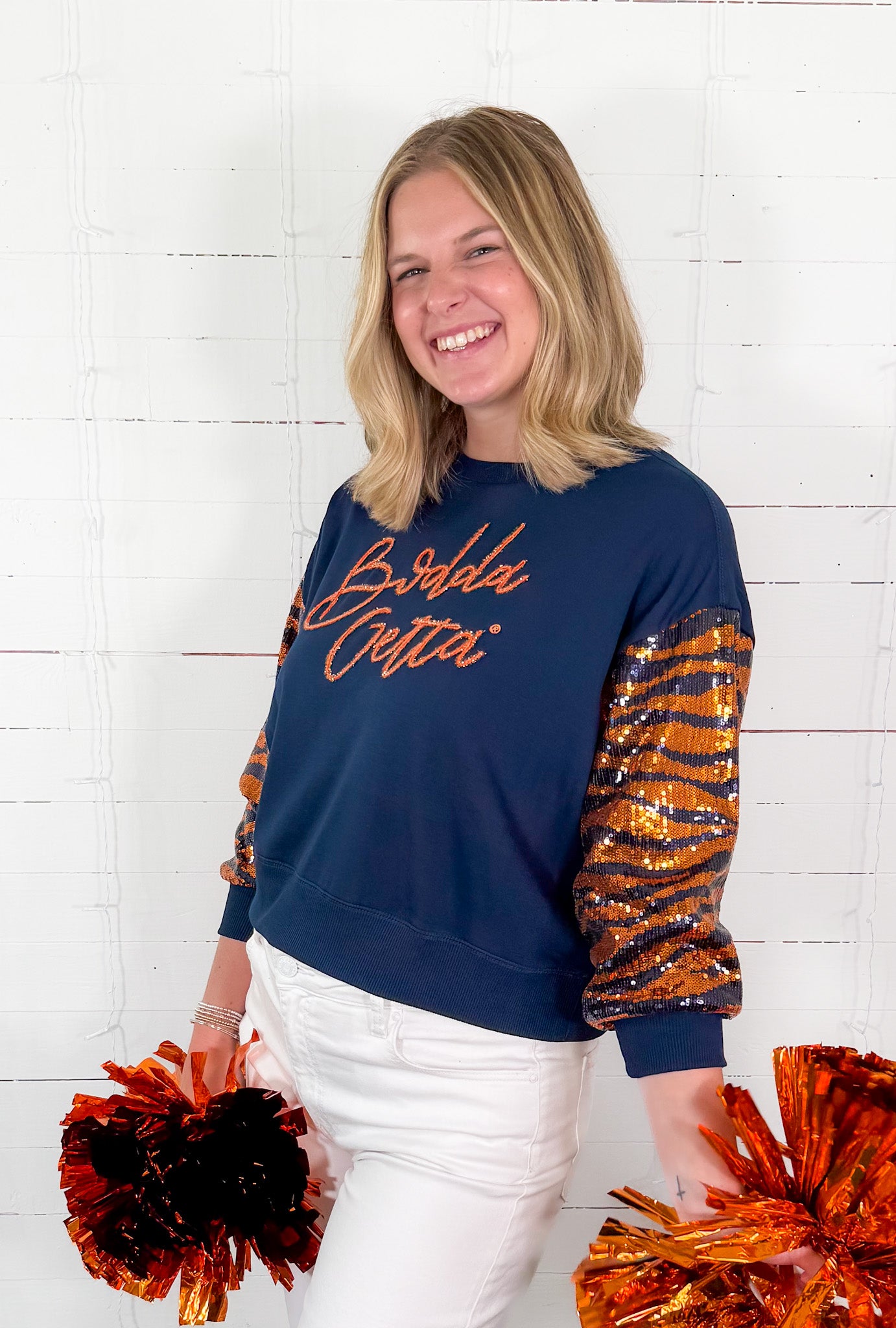 Millie Navy Bodda Tiger Sequin Sleeve Sweatshirt Mary Square